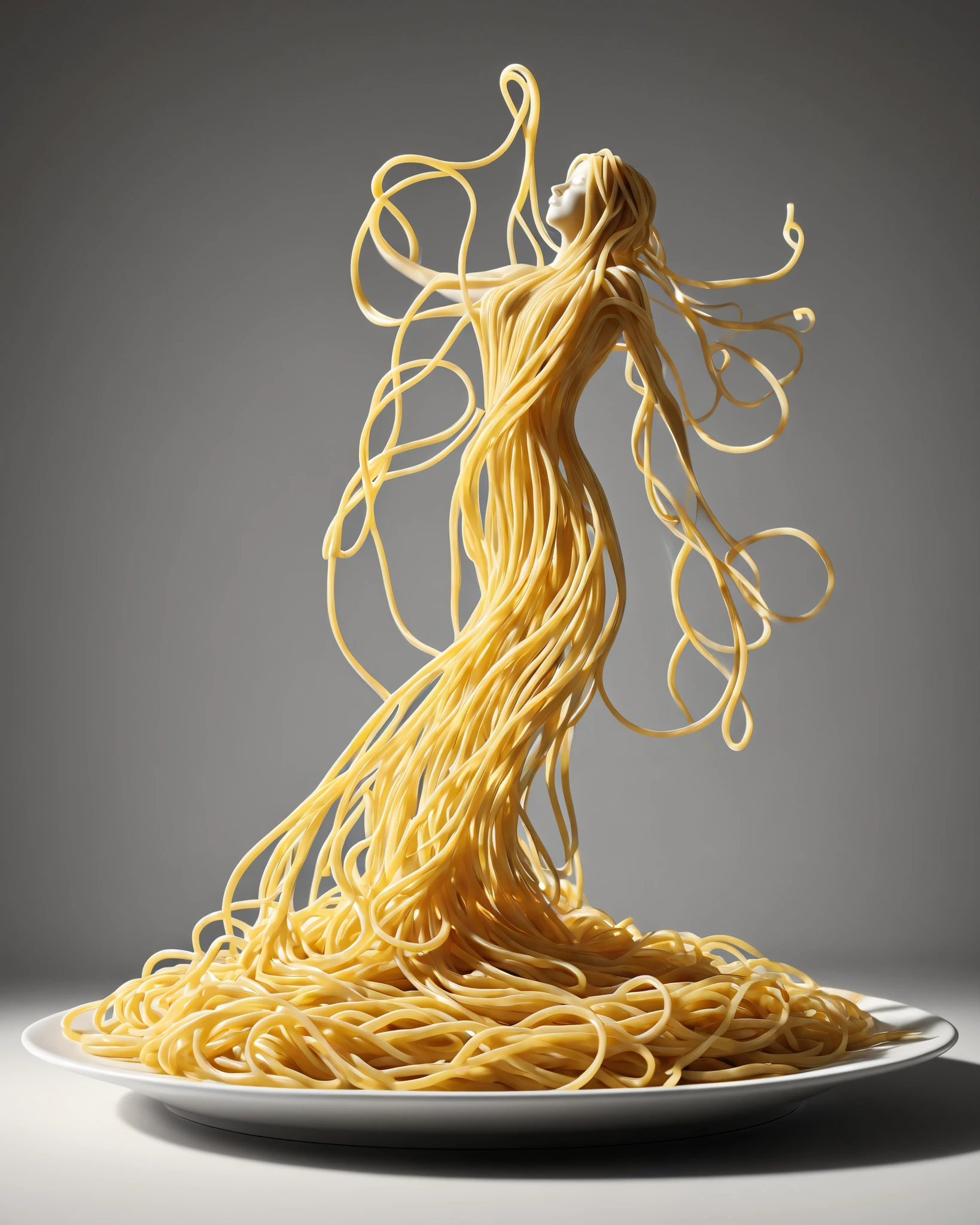 A cinematic shot of a hyper-realistic 3D render of spaghetti noodles forming a dynamic, dancing figure on a white ceramic plate. The noodles are artfully arranged to create the silhouette of a person with outstretched arms, as if frozen mid-twirl. Golden pasta strands intertwined to form the body, with loose ends creating a sense of motion and fluidity. The plate sits on a plain, flat black background. Cinematic lighting emphasizes the golden hues of the pasta and creates subtle shadows. Ultra-high resolution with photorealistic textures, showcasing individual pasta strands and the plate's glazed surface. Color grading enhances the warm, inviting atmosphere.