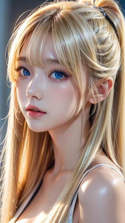  Portraits、uniform、Bright expression、 ponytail、若い shiny白い shiny肌、Great looks、 Blonde Reflections 、 platinum blonde hair with highlights 、 shiny明るい髪、、Smooth、Super long、 straight hair、 shiny、美しいbangs、 sparkling crystal clear charming big super bright pale blue eyes、very beautiful lovely pretty girl 、 big bust、 long hair, bangs, Blonde, 目の間のbangs,  hair to hide one eye,  shiny髪, Straight Hair, Super long hair, Hair in the eyes, Too much hair, 