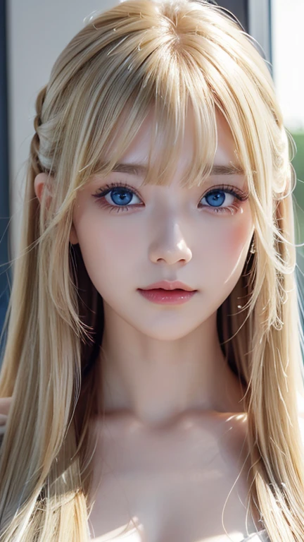  Portraits、uniform、Bright expression、 ponytail、若い shiny白い shiny肌、Great looks、 Blonde Reflections 、 platinum blonde hair with highlights 、 shiny明るい髪、、Smooth、Super long、 straight hair、 shiny、美しいbangs、 sparkling crystal clear charming big super bright pale blue eyes、very beautiful lovely pretty girl 、 big bust、 long hair, bangs, Blonde, 目の間のbangs,  hair to hide one eye,  shiny髪, Straight Hair, Super long hair, Hair in the eyes, Too much hair, 