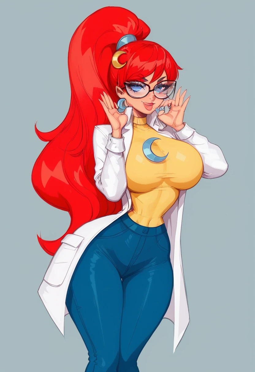  1girl, Mary, Red hair, long hair, high ponytail , blue eyes, glasses, blue pants , yellow t-shirt, crescent hair ornament , lab coat, long sleeves, Sexy, hot, busty. Big boobs, tiny waist, sexy hips, hourglass.figure, exagerated figure, bent over, sexy pose, model pose, wide hips, sexy legs, ((giant boobs))