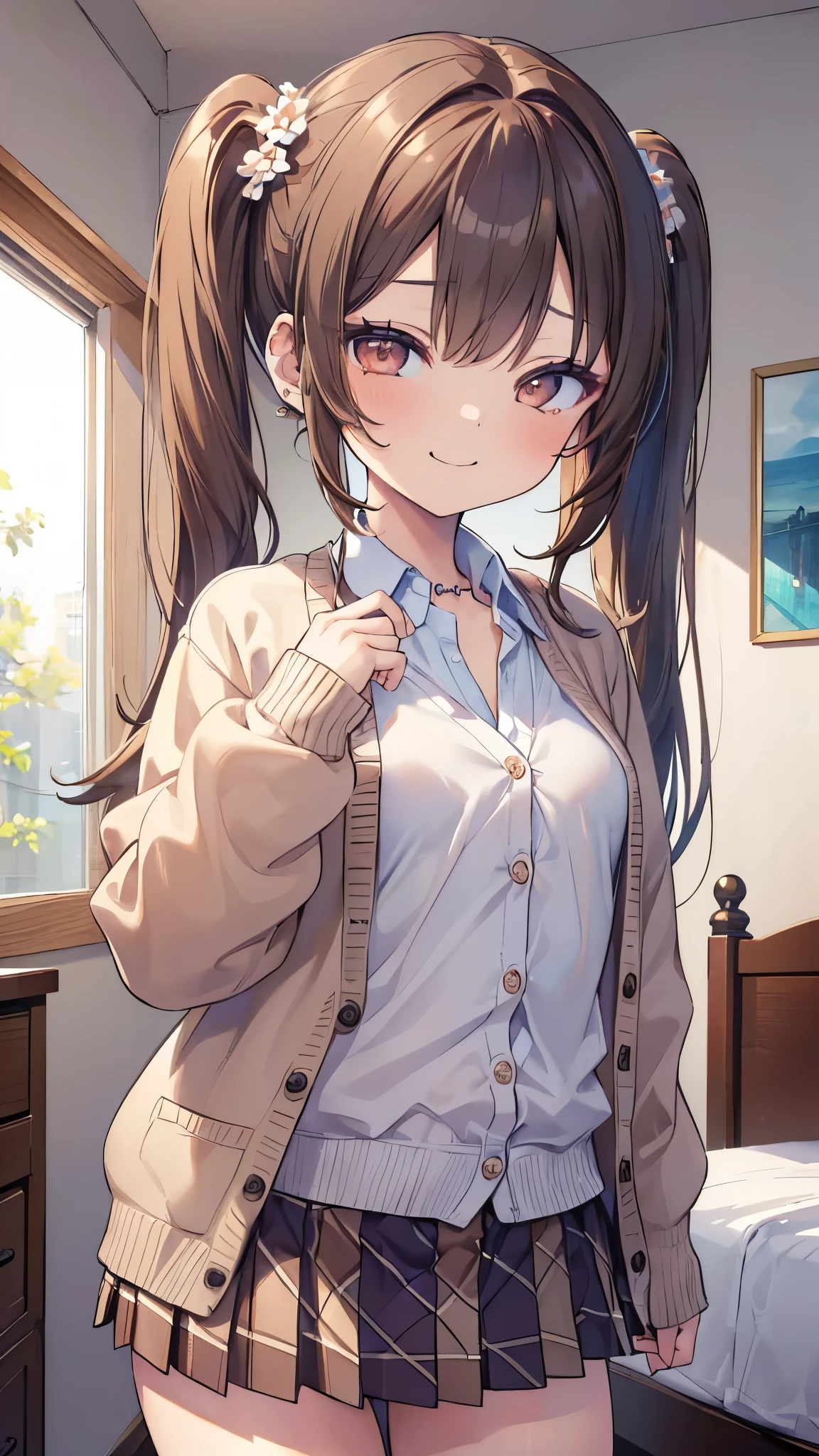 Very detailed、(8k, RAW Photos, highest quality, masterpiece:1.2), (Very detailed 8k wallpaper),shape、Professional Lighting,Sharp focus, Written boundary depth、
Browsing Caution、Clear Eyes、Perfect Anatomy、With a girl、12 years old、Black Hair、Short twin tails)White lace panties、(Beige cardigan:1.2)、White collar shirt、bow tie 、Micro Mini Skirt、、(blush:1.5),、,、imminent kiss,(Plump thighs:1.2)、Leg spread、