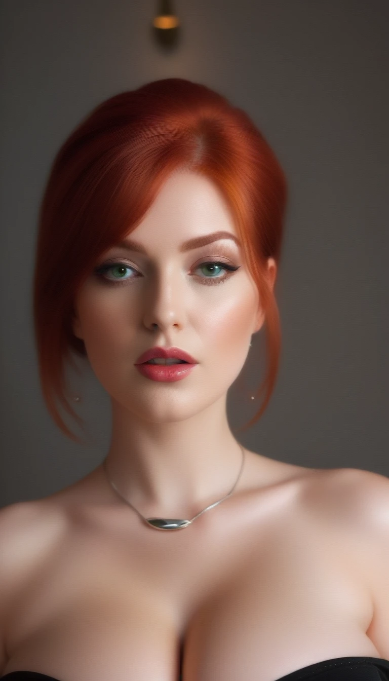 (masterpiece), (best quality), (ultra detailed),(vibrant red hair),(illustration), (1woman), standing, Fashion model, looking at viewer, (sexy), (high cheek bones) (detailed background),beautiful detailed eyes, silver necklace, delicate beautiful face,(high saturation), red hair, green eyes, pale skin, busty boobs, busty cleavage, thicc, curvy hips, sexy attire, sexy pose, whip in hand, cuck queen, domme, dominatrix, thick thighs, curvaceous woman