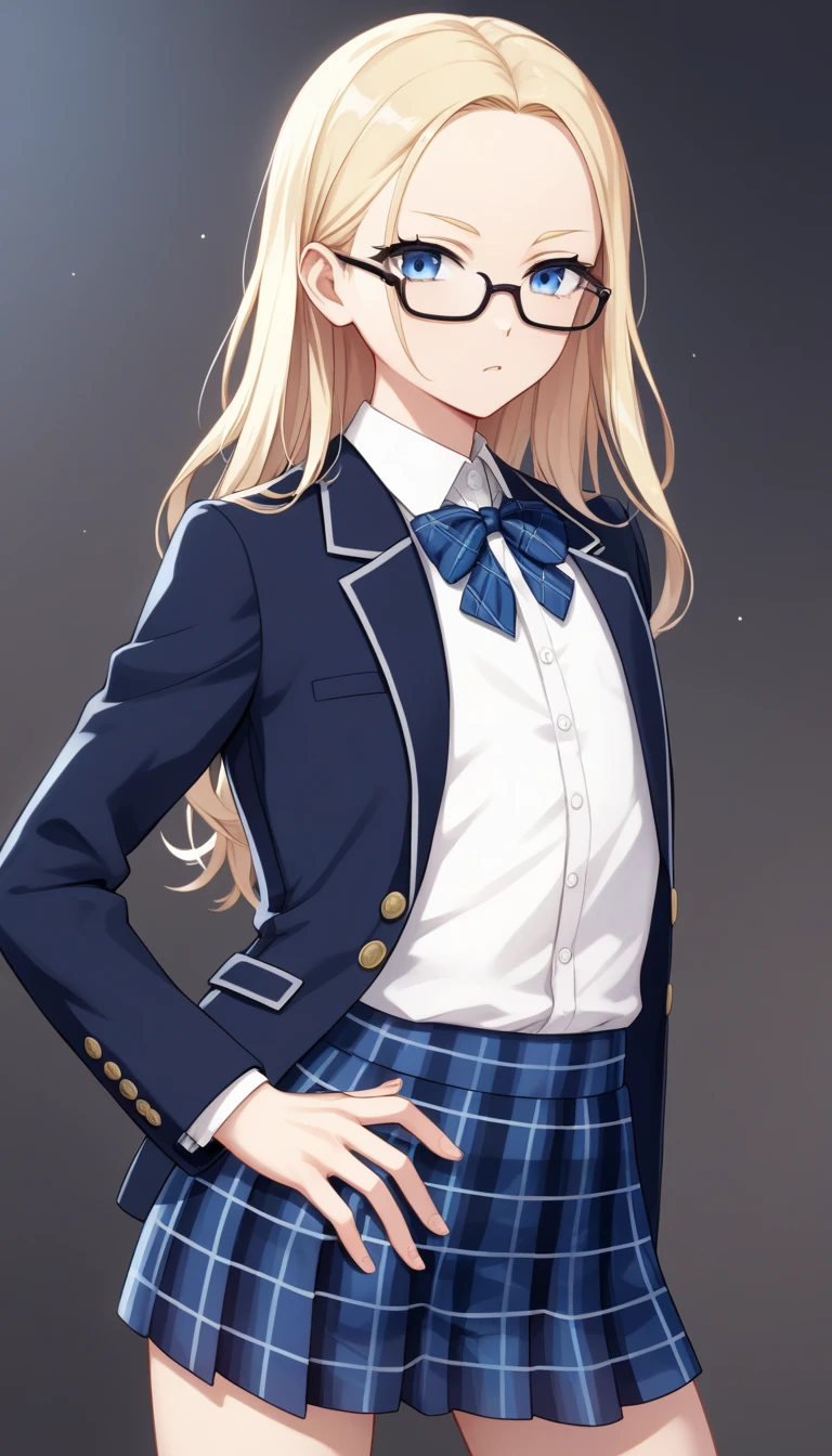 score_9, score_8_up, score_7_up,quality_masterpiece, quality_best,rating_safe,source_anime,BREAK,
skinny,flat chested,(forehead,all back hair,short hair:1.3),blonde hair,(blue eyes),(black nodoka glasses),thin eyebrows, false eyelashes,BREAK,
 ((dark blue blazer, tartan check skirt)),
hands on hips,standing, legs apart,half-smile