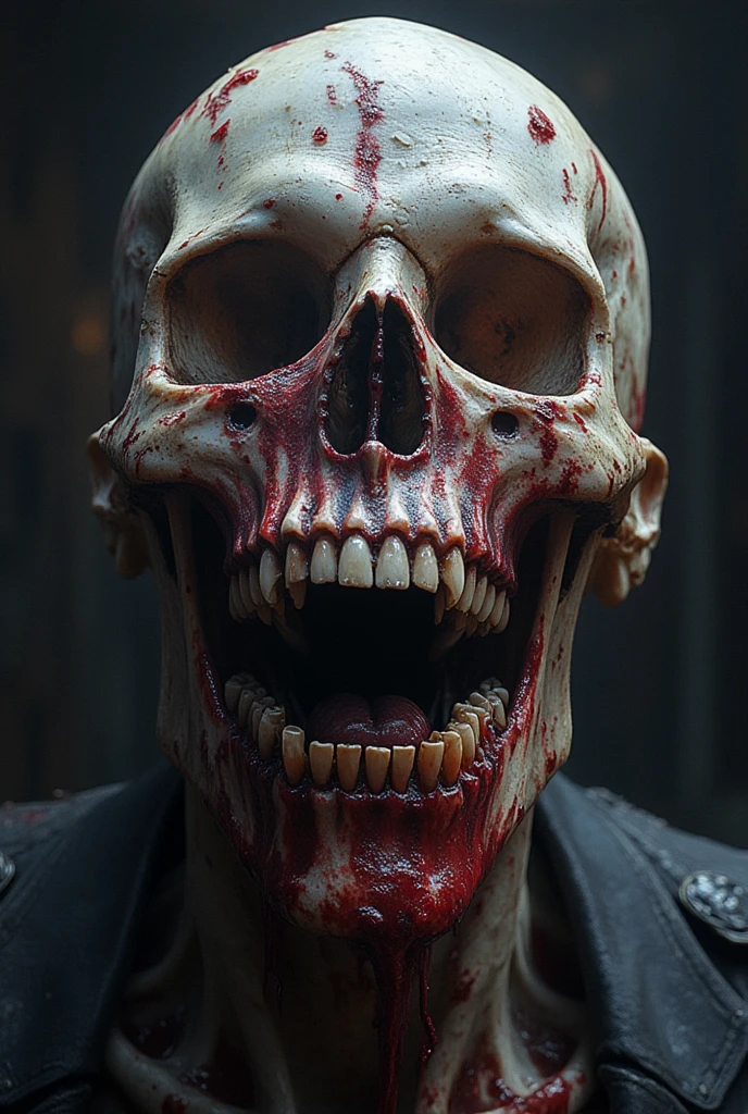 Fantasy art style , create a zombie head shot with savage teeth and decaying skin , a bullet in the middle of the skull, hyper realistic , UHD.