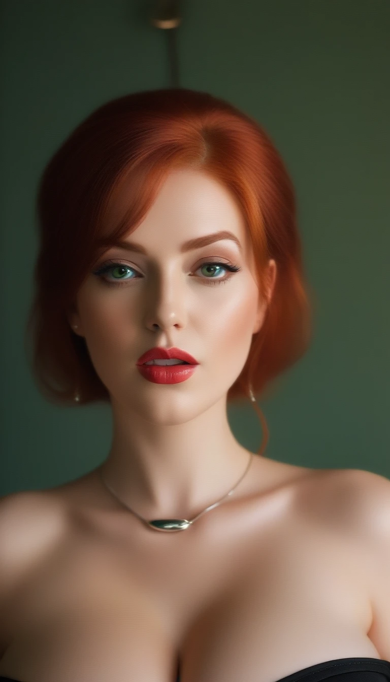 (masterpiece), (best quality), (ultra detailed),(vibrant red hair),(illustration), (1woman), standing, Fashion model, looking at viewer, (sexy), (high cheek bones) (detailed background),beautiful detailed eyes, silver necklace, delicate beautiful face,(high saturation), red hair, green eyes, pale skin, busty boobs, busty cleavage, thicc, curvy hips, sexy attire, sexy pose, whip in hand, cuck queen, domme, dominatrix, thick thighs, curvaceous woman