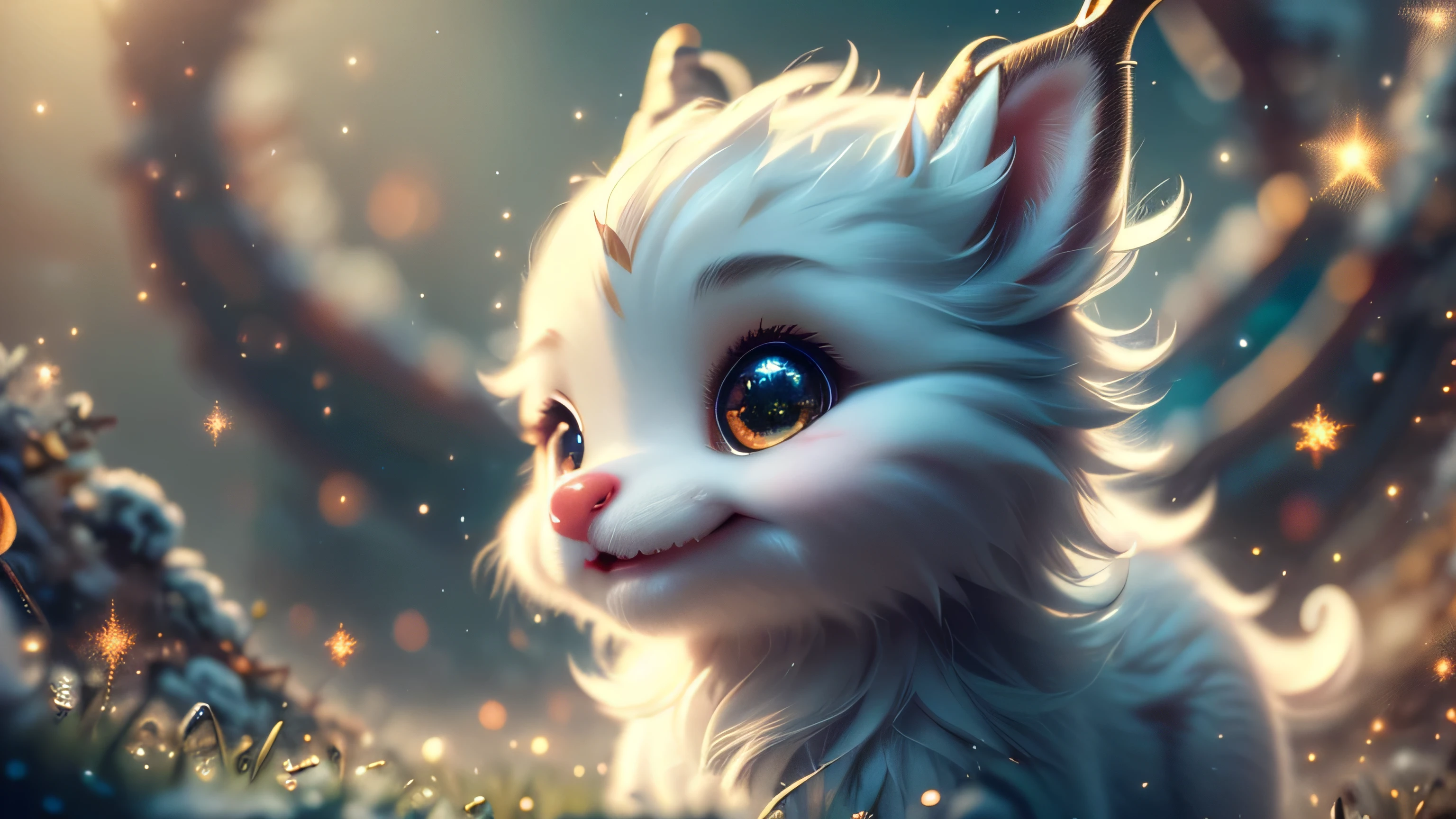 Magical Fantasy Creature, (Best Quality, Masterpiece, Representative Work, Official Art, Professional, Super Detailed, 8k:1.3), (Photorealism:1.2) Super Cute, Big Eyes, Soft, Soft Nose, Fluffy, Double-Toothed Smile, Aurorastyle, Highly detailed Dynamic shot of majestic adorable baby reindeer, high quality, beautiful masterpiece, fantasy creature, kawaii, digital art, glowing sparkles, Realistic, Beautiful, Stars in Eyes, Soft Volumetric Light, (Backlight:1.3), (Cinematic:1.2), Intricate Details, (ArtStation:1.3), --auto --s2