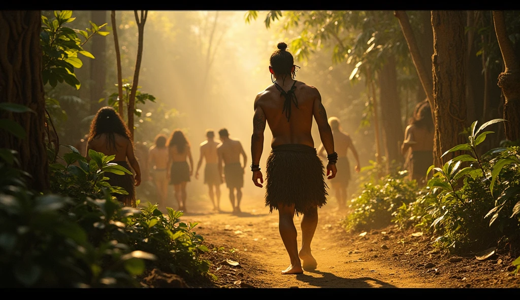 ( photo realism 1.2) photo realistic high detailed 4 aborigines hunter hunting with spear in the jungle dark background Malaysia jungle smoke effect dramatic view cinematic view dusk