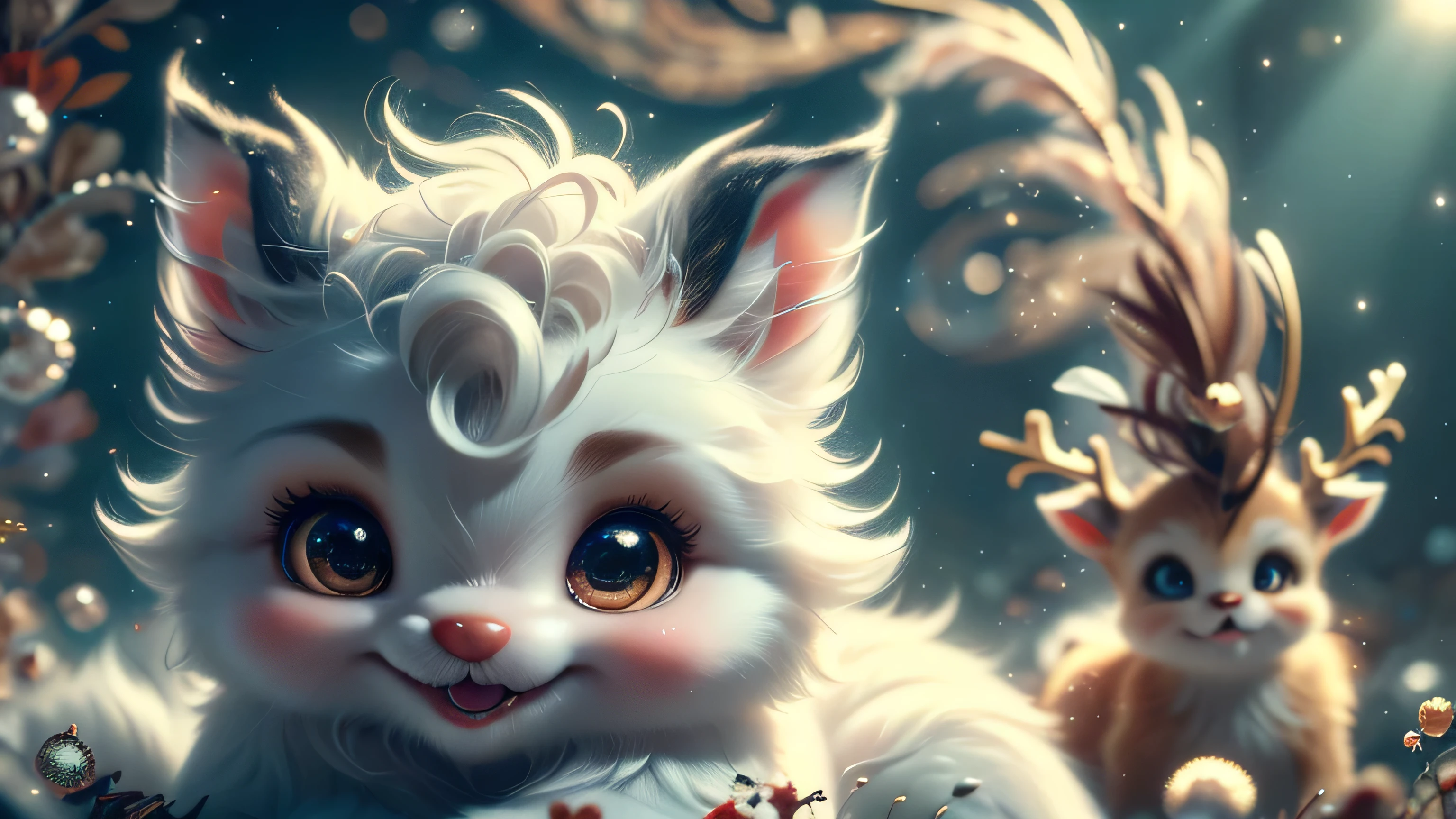 Magical Fantasy Creature, (Best Quality, Masterpiece, Representative Work, Official Art, Professional, Super Detailed, 8k:1.3), (Photorealism:1.2) Super Cute, Big Eyes, Soft, Soft Nose, Fluffy, Double-Toothed Smile, Aurorastyle, Highly detailed Dynamic shot of majestic adorable  reindeer, high quality, beautiful masterpiece, fantasy creature, kawaii, digital art, glowing sparkles, Realistic, Beautiful, Stars in Eyes, Soft Volumetric Light, (Backlight:1.3), (Cinematic:1.2), Intricate Details, (ArtStation:1.3), --auto --s2