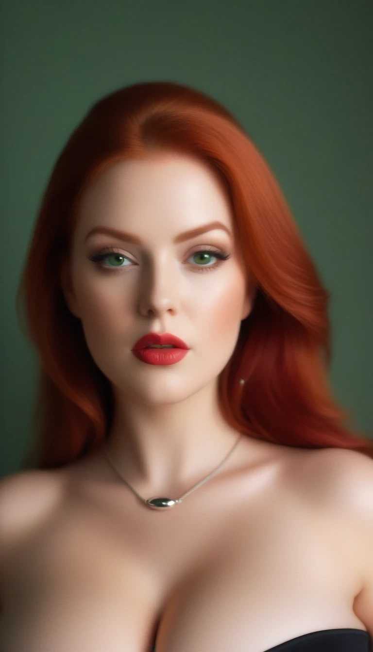 (masterpiece), (best quality), (ultra detailed),(vibrant red hair),(illustration), (1woman), standing, Fashion model, looking at viewer, (sexy), (high cheek bones) (detailed background),beautiful detailed eyes, silver necklace, delicate beautiful face,(high saturation), red hair, green eyes, pale skin, busty boobs, busty cleavage, thicc, curvy hips, sexy attire, sexy pose, whip in hand, cuck queen, domme, dominatrix, thick thighs, curvaceous woman