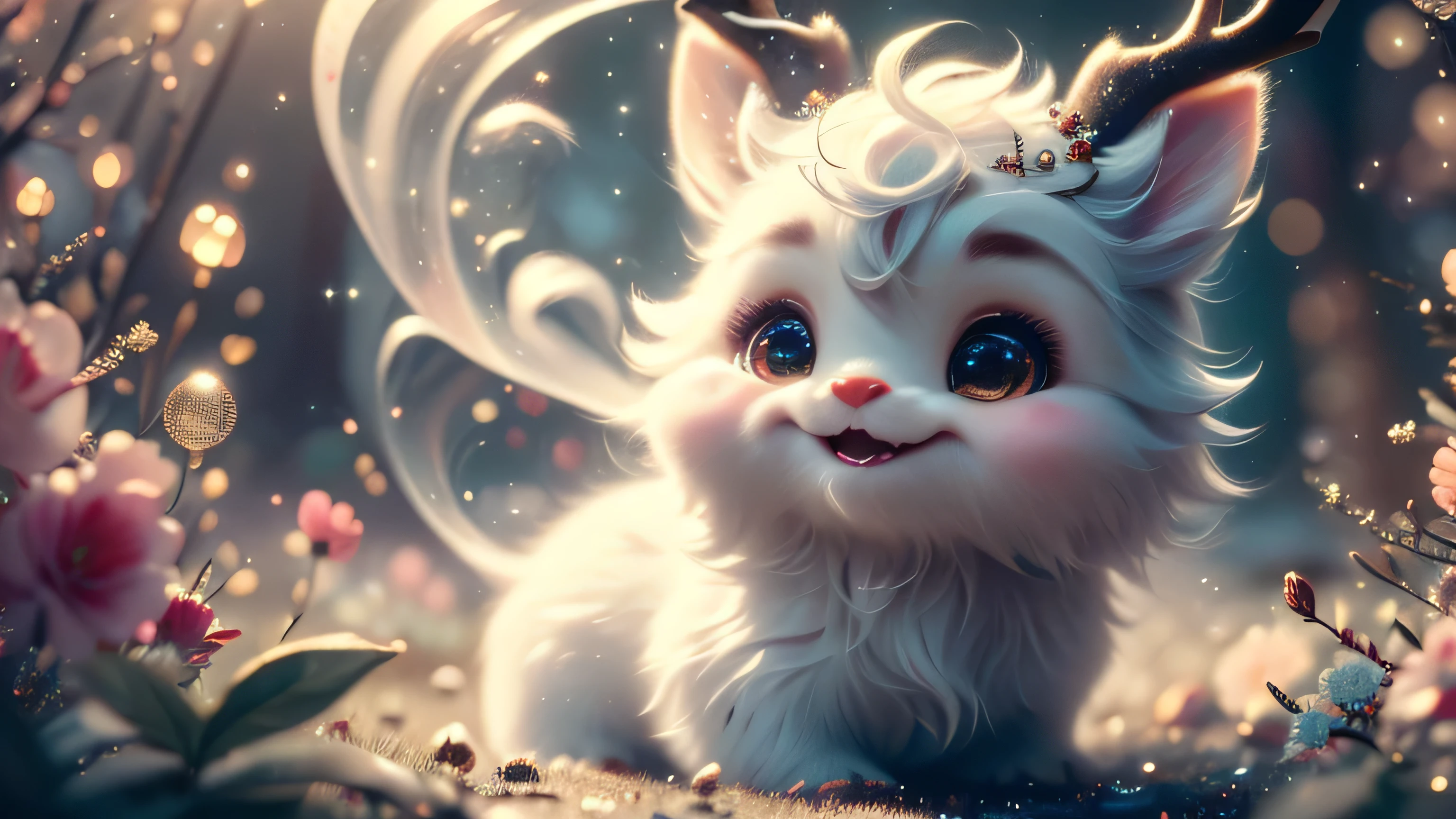 Magical Fantasy Creature, (Best Quality, Masterpiece, Representative Work, Official Art, Professional, Super Detailed, 8k:1.3), (Photorealism:1.2) Super Cute, Big Eyes, Soft, Soft Nose, Fluffy, Double-Toothed Smile, Aurorastyle, Highly detailed Dynamic shot of majestic adorable baby reindeer, high quality, beautiful masterpiece, fantasy creature, kawaii, digital art, glowing sparkles, Realistic, Beautiful, Stars in Eyes, Soft Volumetric Light, (Backlight:1.3), (Cinematic:1.2), Intricate Details, (ArtStation:1.3), --auto --s2