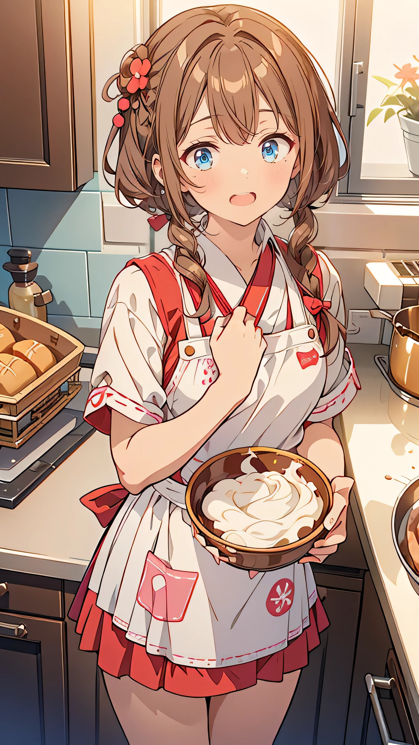 “A high school girl wearing a traditional Japanese school uniform and an apron, standing in a kitchen. She has medium-length brown hair and bright, cheerful eyes. Her expression is energetic and determined, but she’s slightly clumsy, as she holds a whisk and a bowl, with some flour on her face. The kitchen is filled with baking equipment, and the atmosphere is lighthearted and playful. There are unfinished cakes and pastries on the counter. The scene captures her optimism and passion for baking, despite her occasional mishaps.”