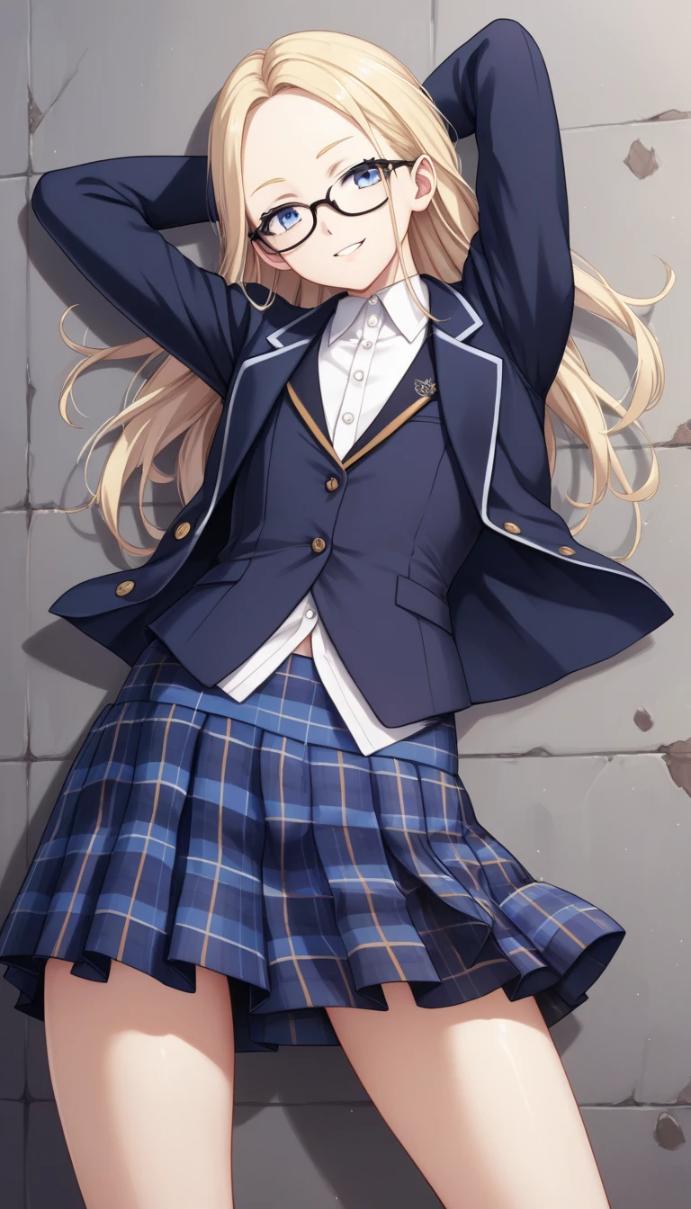 score_9, score_8_up, score_7_up,quality_masterpiece, quality_best,rating_safe,source_anime,BREAK,
skinny,flat chested,(forehead,all back hair,short hair:1.3),blonde hair,(blue eyes),(black nodoka glasses),thin eyebrows, false eyelashes,BREAK,
 ((dark blue blazer, tartan check skirt)),
hands on hips,standing, legs apart,half-smile
