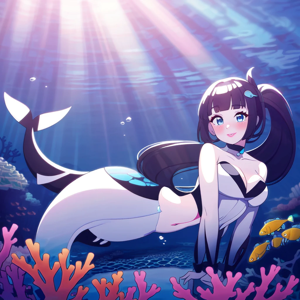 high quality, masterpiece, full body, anime style, underwater, undersea, warm ocean, 1girl, centaur, fish tail, scylla, mature, sexy, lustful, lustful look, mature, slim and sexy body, chaste, magical atmosphere, delicate, swimming suit, posture, blue hair, blue centaur body, saddle, water magic