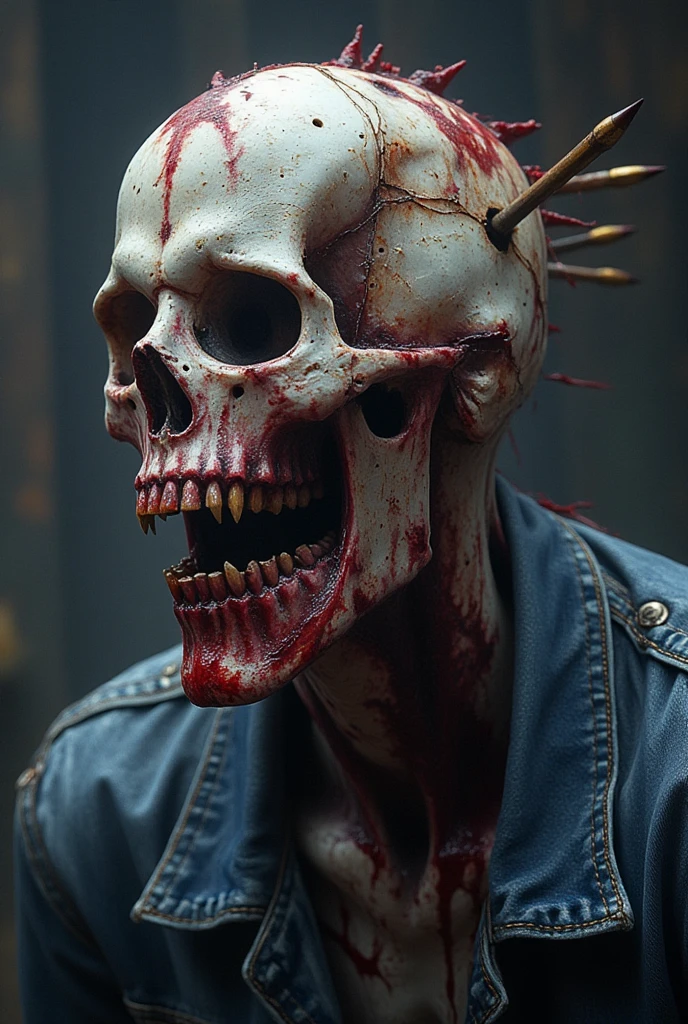 Fantasy art style , create a zombie head shot with savage teeth and decaying skin , a bullet sticking in the side of the skull, wearing a denim jacket, hyper realistic , UHD.