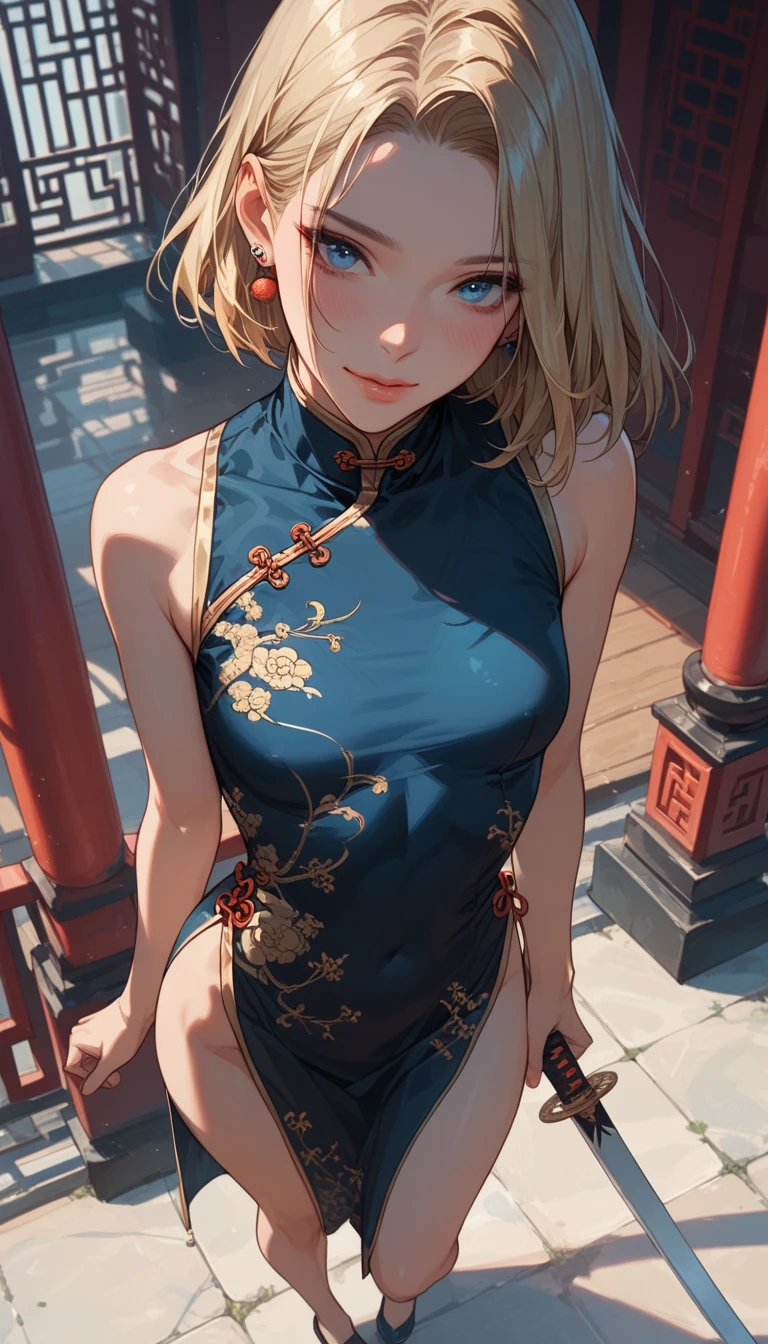 (masterpiece,highest quality,超A high resolution),Japanese women, (((Very beautiful 18 year old girl))), pretty girl、Look at the photographer、 ((Beautiful blonde bob hair)), Very cute face, Glossy Lips, Double eyelids on both eyes, blue eyes, Natural smile、 Natural Makeup, Long eyelashes, Shiny and smooth hair、Center image, Perfect limbs, Perfect Anatomy,(((Shiny Chinese Dress white panties))),Show panties、Bite、Streaks are visible、Wet with sweat,Cowboy Shot,Sit on a chair