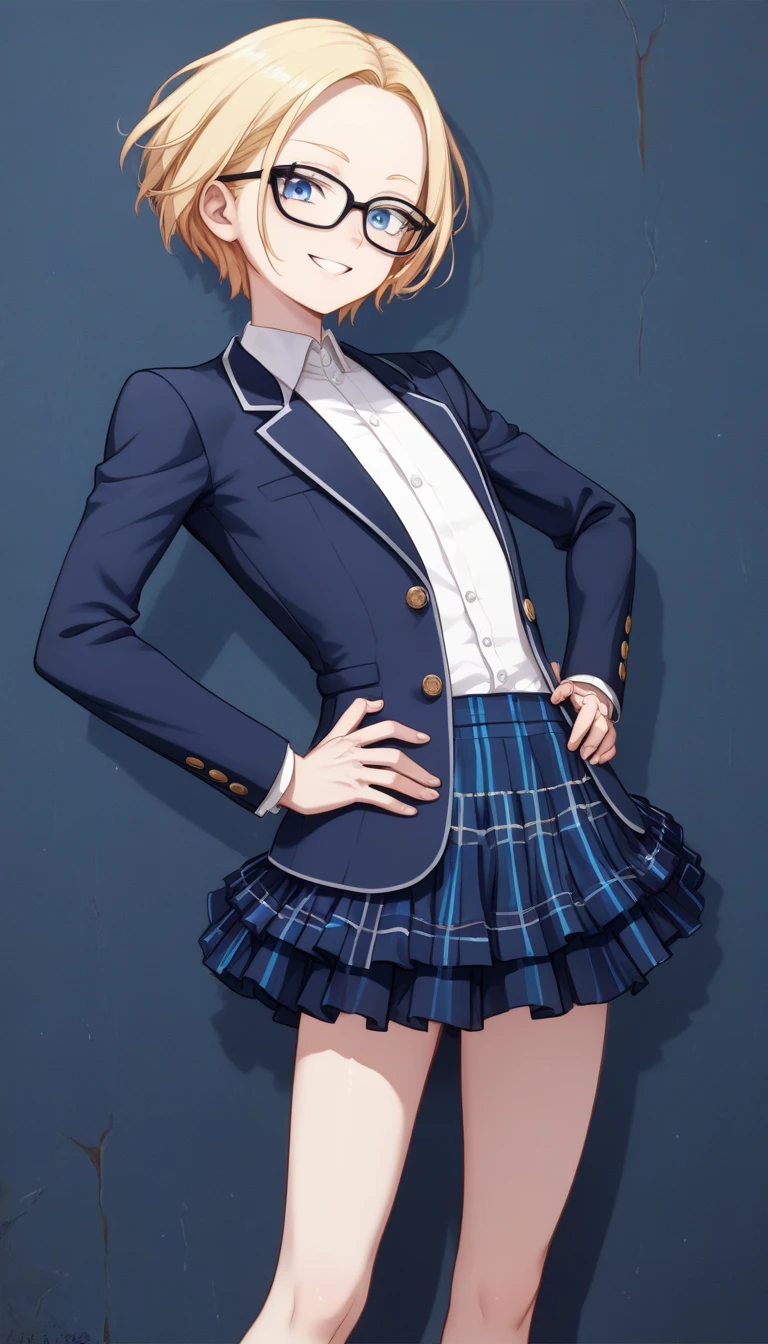 score_9, score_8_up, score_7_up,quality_masterpiece, quality_best,rating_safe,source_anime,BREAK,
skinny,flat chested,(forehead,all back hair,short hair:1.3),blonde hair,(blue eyes),(black nodoka glasses),thin eyebrows, false eyelashes,BREAK,
 ((dark blue blazer, tartan check skirt)),
hands on hips,standing, legs apart,half-smile