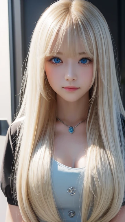  Portraits、uniform、Bright expression、 ponytail、若い shiny白い shiny肌、Great looks、 Blonde Reflections 、 platinum blonde hair with highlights 、 shiny明るい髪、、Smooth、Super long、 straight hair、 shiny、美しいbangs、 sparkling crystal clear charming big super bright pale blue eyes、very beautiful lovely pretty girl 、 big bust、 long hair, bangs, Blonde, 目の間のbangs,  hair to hide one eye,  shiny髪, Straight Hair, Super long hair, Hair in the eyes, Too much hair, 