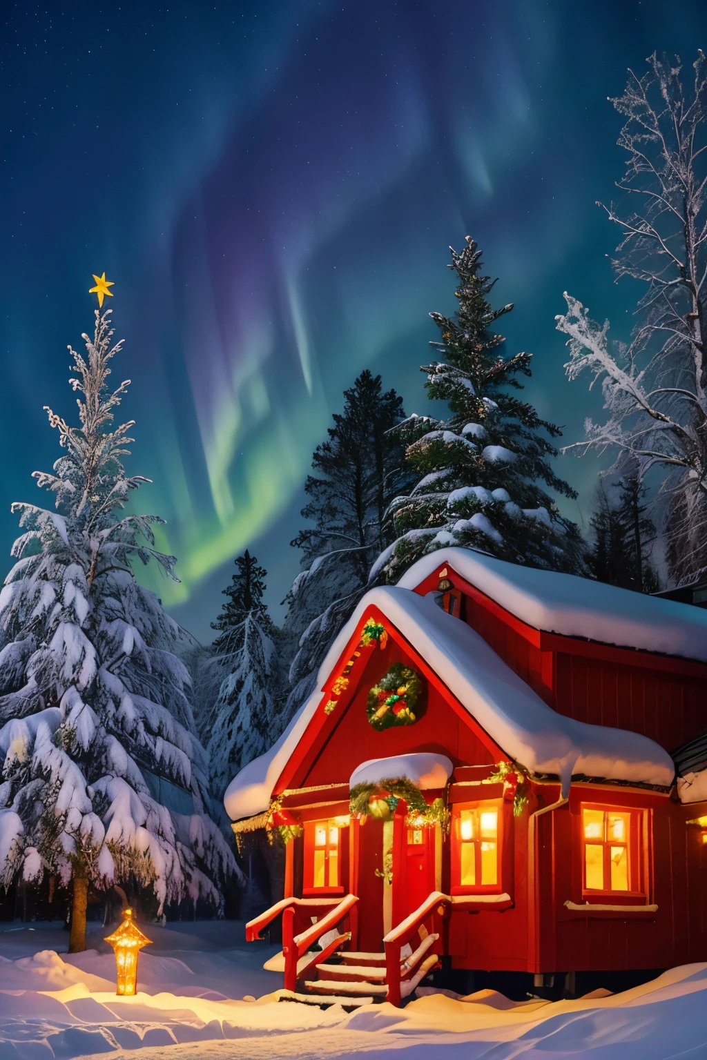 Finland, Aurora Borealis , Santa Claus' Settlement,Cottages, Workshops, christmas cards , masterpiece , 最 High Quality , high definition , High Quality , high definition, Highly Detailed Christmas Tree, snow, Blue Theme, At night, starry sky , Warmly lit, Red and Green,