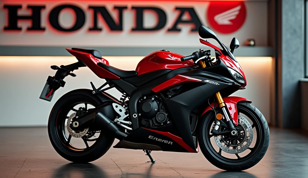 Create a close side view “(2025 honda Fireblade SPon stage. A in standing with bike in excited mood . At the back of Bike and ,A wall with write “HONDA Fireblade SP” in bold black colour and write “ written. bike shine and fully focused