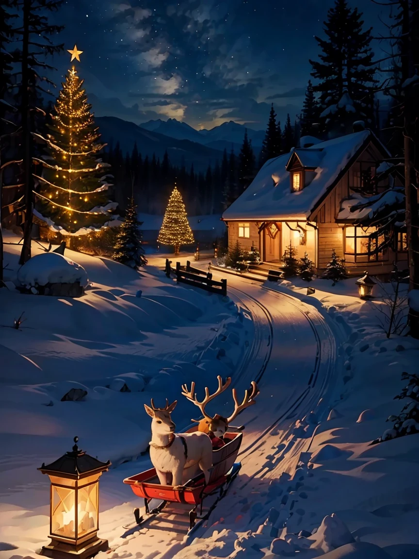 Inverse of snow、Landscape painting、Background only、Northern Europe、snow、night、loose、Christmas、santa、reindeer、Sled