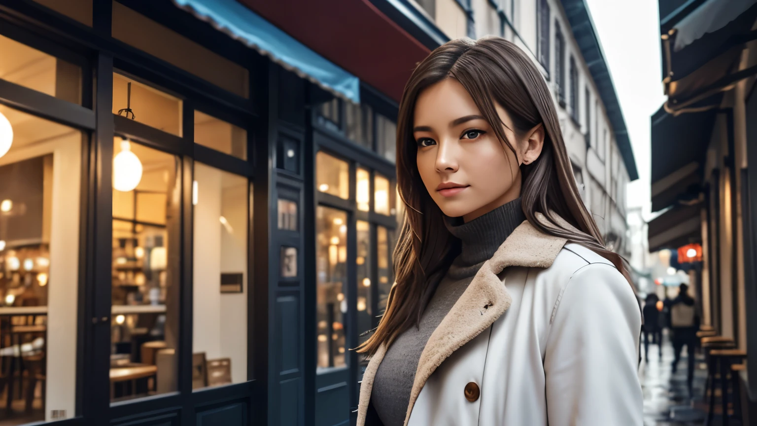 A street in the city, a cafe called "Trois colombes", in front of the cafe stands a woman dressed in a white coat with a flat collar, beautiful and detailed, woman (((woman))) ((anthro)) hyena, Ross Tran, by Ruan Jia, by Zaush, by Foxovh, cinematic lighting, 1girls you generated, blue eyes, brown hair, woman, looking at the viewer. 
Quality: (best quality, high resolution), ultra detailed, realistic, vivid colors, studio lighting. 
Art style: landscape, photography.
Color palette: cool tones, grays, muted reds.
Lighting: soft, diffused light reflecting off damp surfaces.