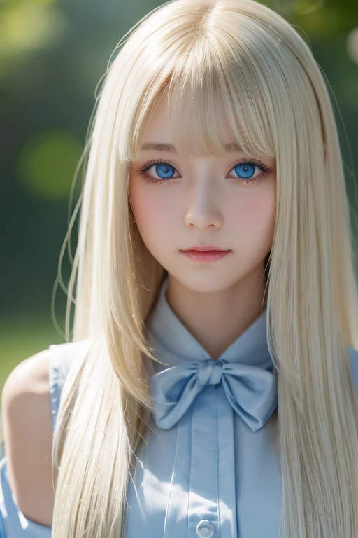  Portraits、uniform、Bright expression、 ponytail、若い shiny白い shiny肌、Great looks、 Blonde Reflections 、 platinum blonde hair with highlights 、 shiny明るい髪、、Smooth、Super long、 straight hair、 shiny、美しいbangs、 sparkling crystal clear charming big super bright pale blue eyes、very beautiful lovely pretty girl 、 big bust、 long hair, bangs, Blonde, 目の間のbangs,  hair to hide one eye,  shiny髪, Straight Hair, Super long hair, Hair in the eyes, Too much hair, 