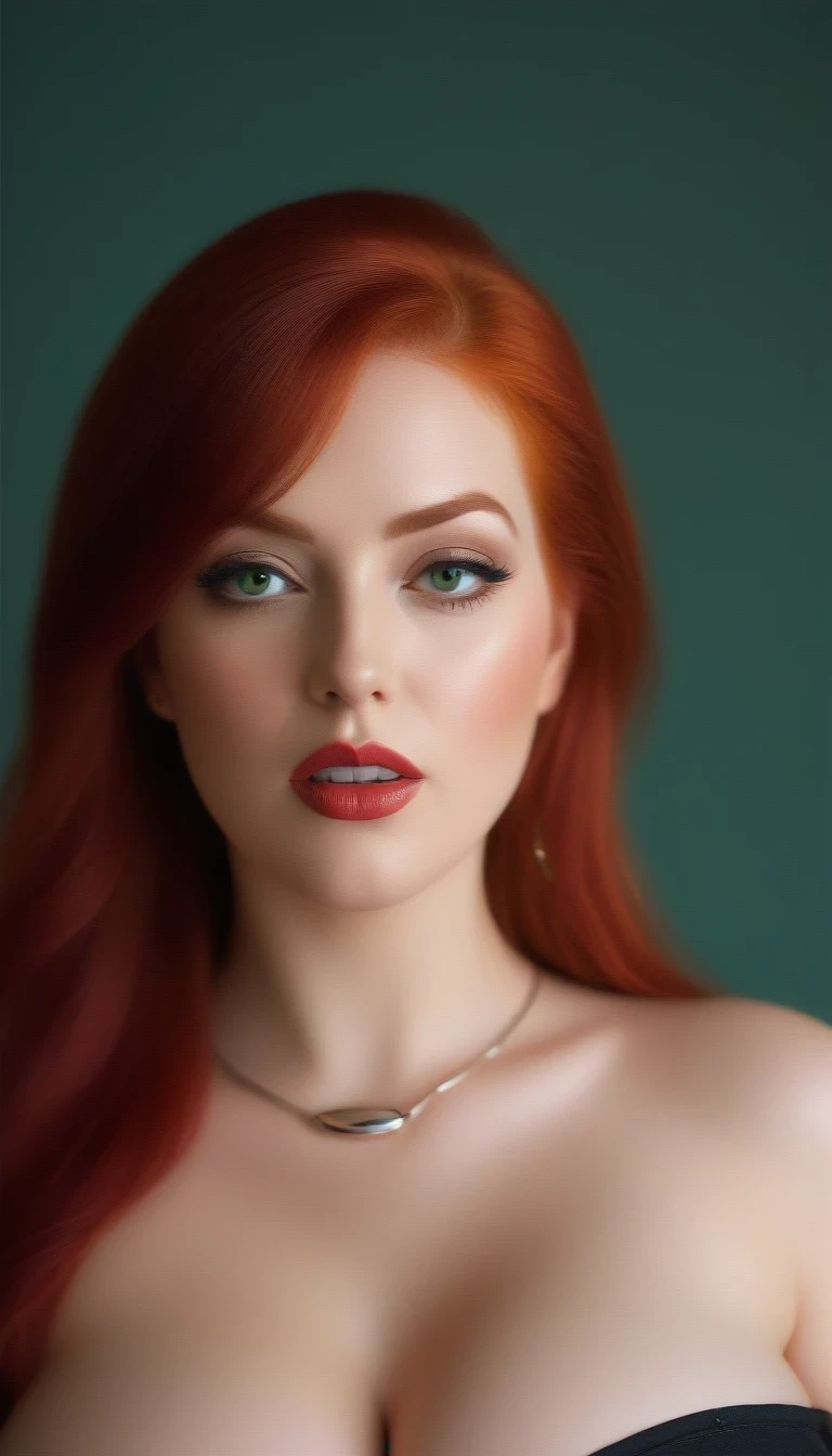 (masterpiece), (best quality), (ultra detailed),(vibrant red hair),(illustration), (1woman), standing, Fashion model, looking at viewer, (sexy), (high cheek bones) (detailed background),beautiful detailed eyes, silver necklace, delicate beautiful face,(high saturation), red hair, green eyes, pale skin, busty boobs, busty cleavage, thicc, curvy hips, sexy attire, sexy pose, whip in hand, cuck queen, domme, dominatrix, thick thighs, curvaceous woman