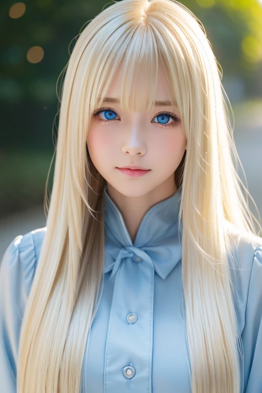  Portraits、uniform、Bright expression、 ponytail、若い shiny白い shiny肌、Great looks、 Blonde Reflections 、 platinum blonde hair with highlights 、 shiny明るい髪、、Smooth、Super long、 straight hair、 shiny、美しいbangs、 sparkling crystal clear charming big super bright pale blue eyes、very beautiful lovely pretty girl 、 big bust、 long hair, bangs, Blonde, 目の間のbangs,  hair to hide one eye,  shiny髪, Straight Hair, Super long hair, Hair in the eyes, Too much hair, 