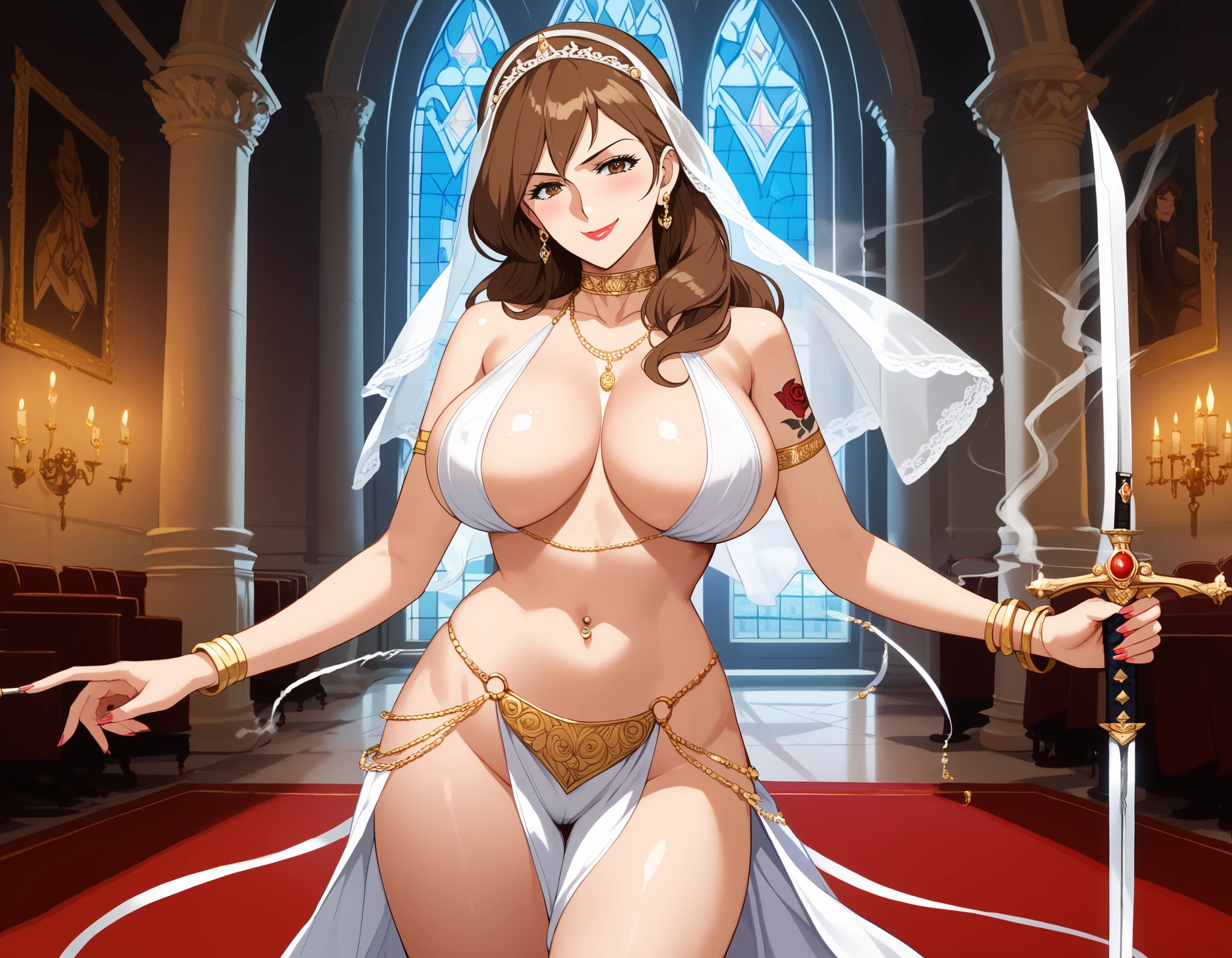 Fujiko, brown hair, brown eyes, long hair, large breasts, 1girl, smirk, ear piercing, long hair, blush, lipstick,Hot girl, baddie, smoking, sensual, attractive, large breasts, castle,inside castle, masterpiece, best quality, highly detailed ,gold_choker, complex detailed background, inside, , holding a sword, sword, belly_chain,harem_outfit,navel, necklace,
pelvic_curtain,revealing_clothes, veil，masterpiece,best quality,1girl,mature,evil smile, smile,
female,mature,necklace,pendant, (nsfw) not safe for work, exposed belly, exposed navel, exposed
midriff, exposed lower belly, navel piercing,, tattoo on body, dragon tattoo, tattoo midriff, rose tattoo,, open arms sideway, arms T-pose, smirk, standing, anime girl T posing, 