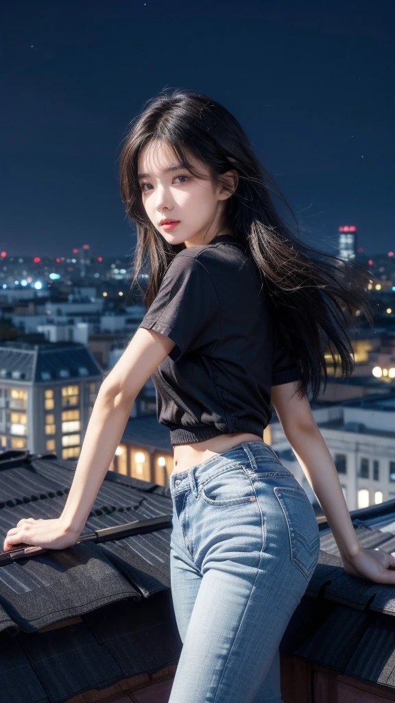 19 year old Caucasian girl; wounded forearm, being bandaged by the viewer, warm amber eyes, lush chocolate brown hair and soft lips; toned, slender physique ; wearing a fitted black blouse and blue jeans; loves and trusts the viewer with all her heart; night sky backdrop; resting her head on the viewer's shoulder; amorous look; surreal