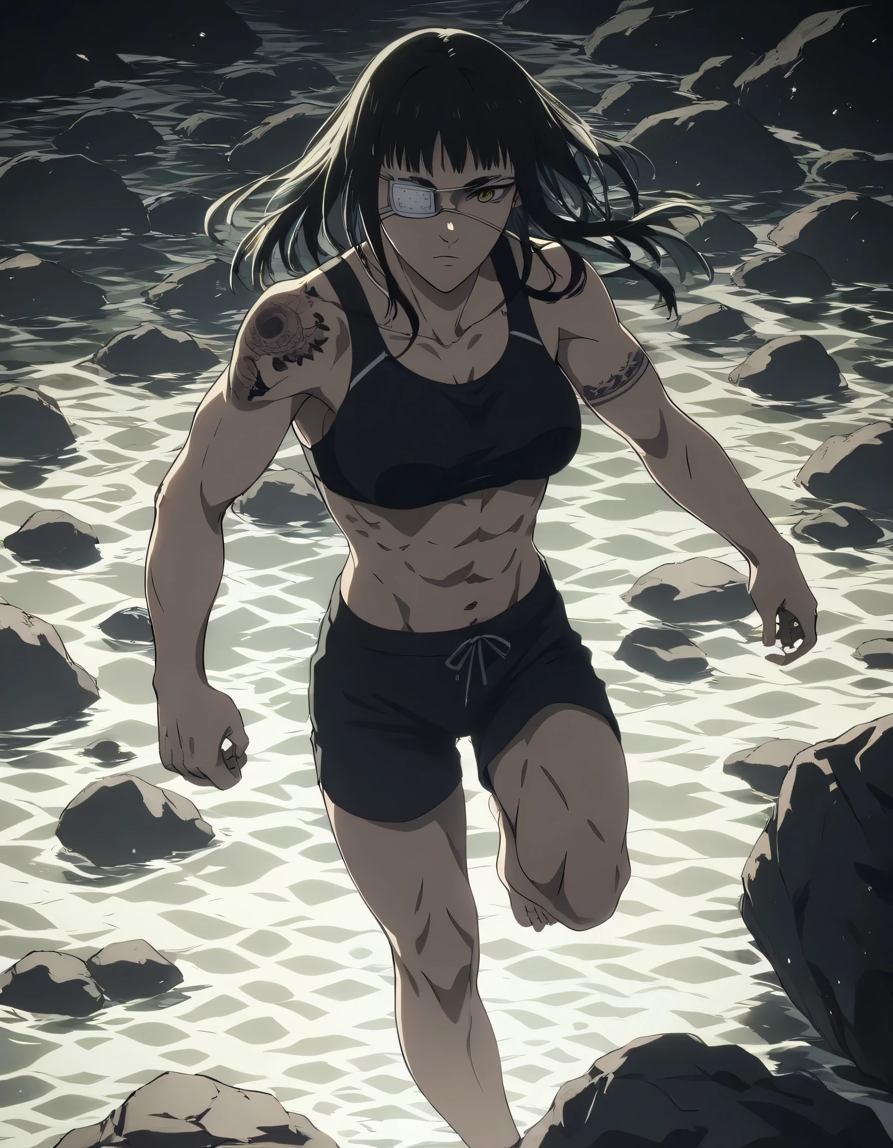 score_9, score_8_up, score_7_up,score_6_up,high resolution,source_anime,s0fiavalm3t,1girl,eyepatch,black hair,long hair,,water,rocks,volumetric lighting,rim lighting,dof,dramatic shadow,full body,dynamic pose,looking at viewer,pov,suspended in air, tattoos on shoulder,wearing sport boxing bra,black sport shorts,Barefoot,training hard,Parkour 