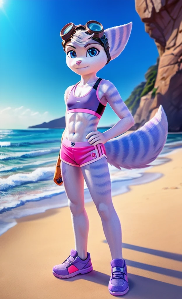 Rivet, tail, furry girl, 1girl, solo, young, pink sport shorts, pink sport bra, ocean background, standing, detailed body fur, detailed body, detailed eyes, detailed face, athletic, skinny, high quality, masterpiece, small breasts, goggles, looking at you, full body, six pack,  