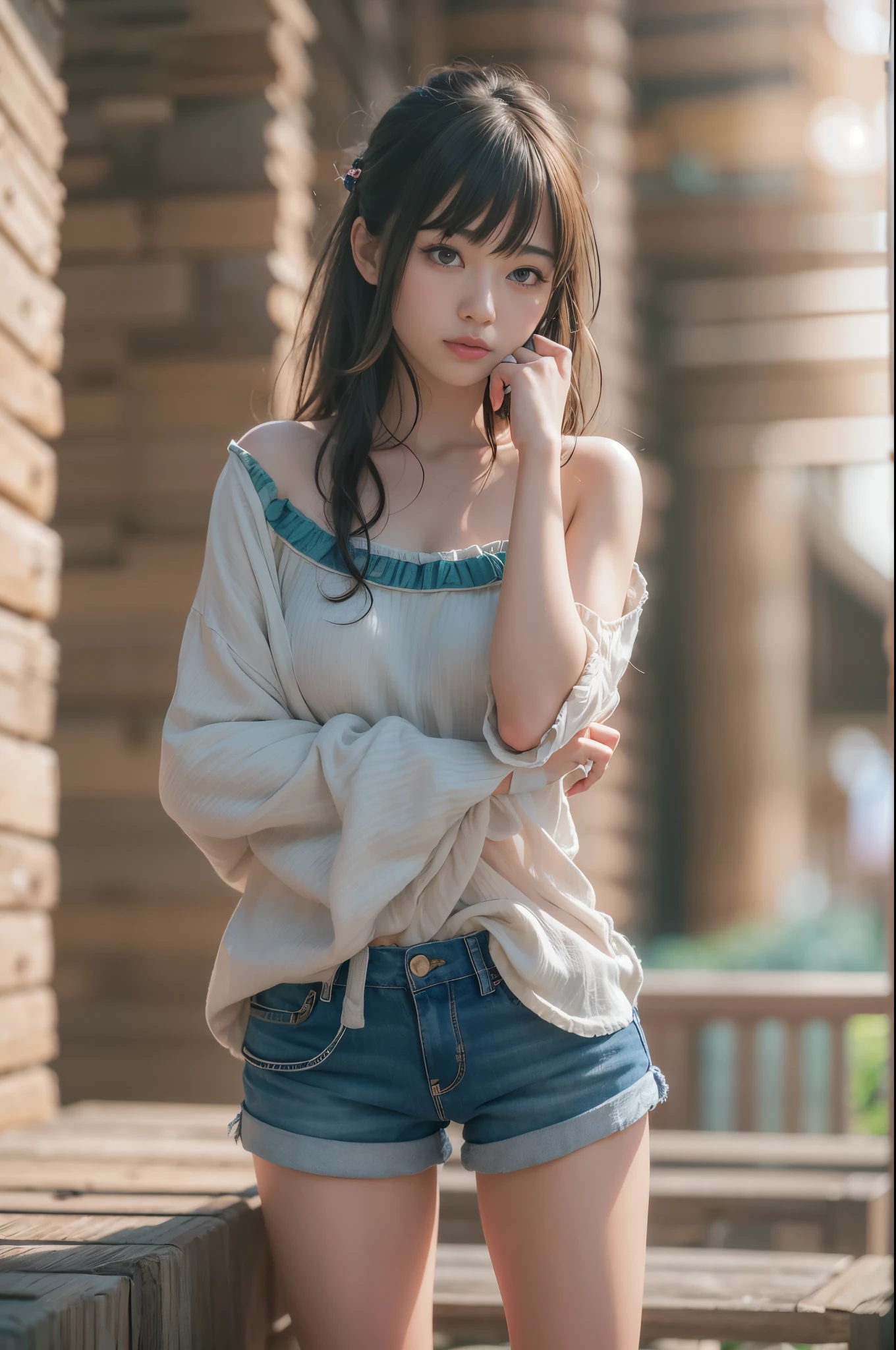 Ultra High Resolution, (Realistic: 1.4), RAW Photo, Best Quality, (Photorealistic), Focus, Soft Light, ((Japanese)), (Front, Young Face))), (Depth of Field), (One Piece), Masterpiece, (Photoreal), Woman, Bangs, ((bandeau top)), ((shorts)), ((1 Girl))