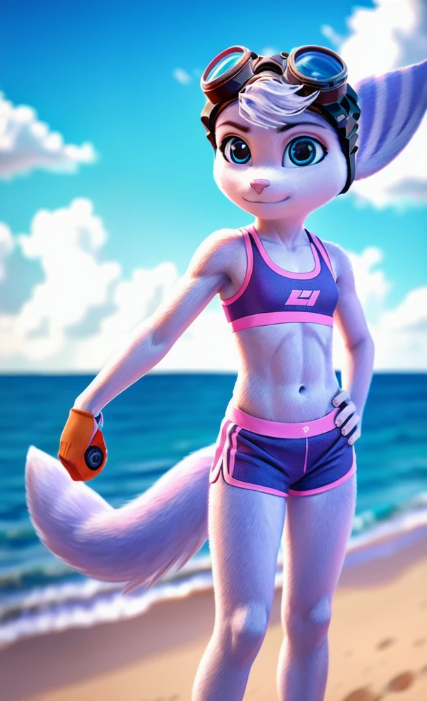 Rivet, tail, furry girl, 1girl, solo, young, pink sport shorts, pink sport bra, ocean background, standing, detailed body fur, detailed body, detailed eyes, detailed face, athletic, skinny, high quality, masterpiece, small breasts, goggles, looking at you, full body, six pack,  