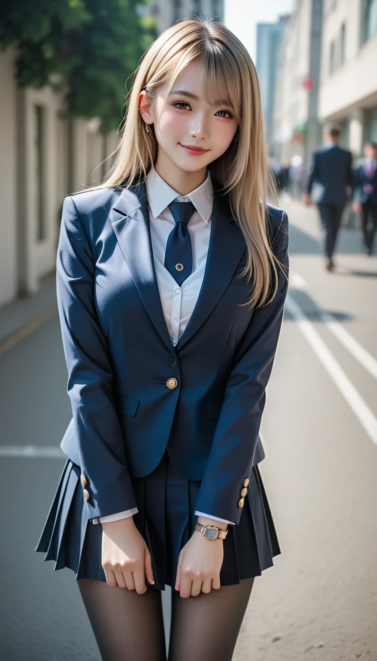   score_9,  score_8_up,  score_7_up, super detailed,  BREAK Complete Anatomy  , 32K,    masterpiece   ,  top quality, super high definition ,  Beautiful Face and Eye Details,  beautiful Japanese woman ,  blonde hair , invalid,smile, steam,   school uniform  ,  blazer,   modern style fitted jacket included,short skirt and tights,  With his hands on his back , Big Breasts ,  slouching forward ,From a viewpoint,  watches viewers,town