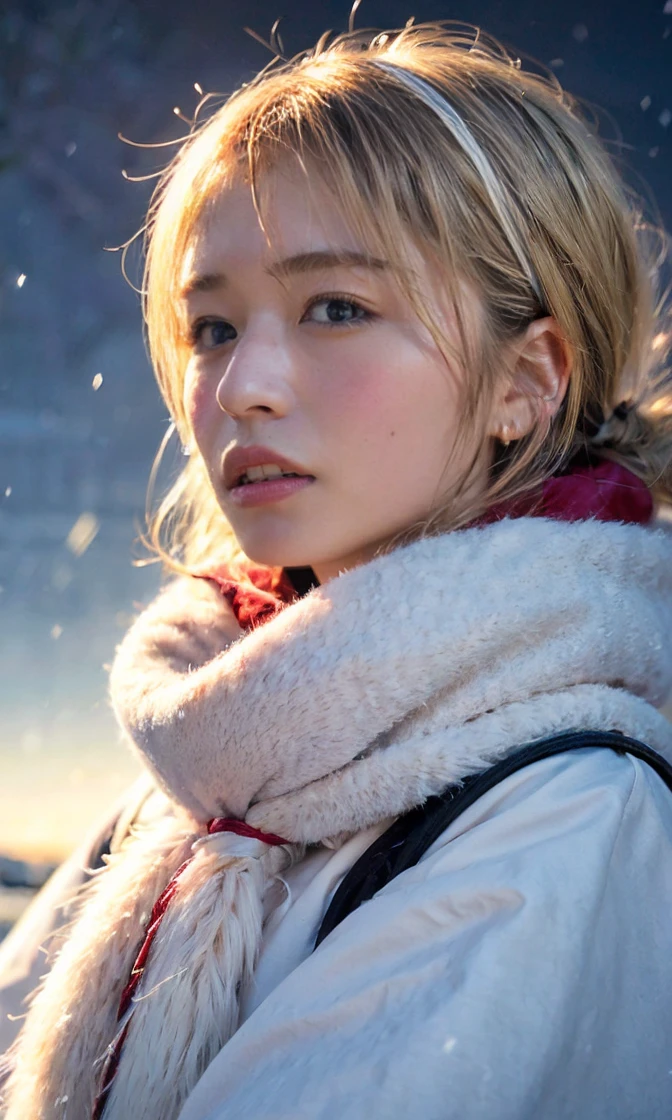 ((hair blowing in the wind、no makeup:1.2))、(realistic、Photoreal、Super detailed、best detailed skins、highest quality、masterpiece、超A high resolution)、cute russian woman、14 years、high school girl、young girl、1 girl、have bangs、ash blonde:1.7、double eyelid、drooling eyes、Japanese style face、purity、realistic skin type、thick muffler、Gray muffler、fluffy hair、((There&#39;hair in scarf:1.3))、red cheeks、The wind is blowing、that&#39;It&#39;s snowing、night、illumination、Lighting from behind、hair blowing in the wind、((Antarctica、A meteor shower、A world view of the aurora))