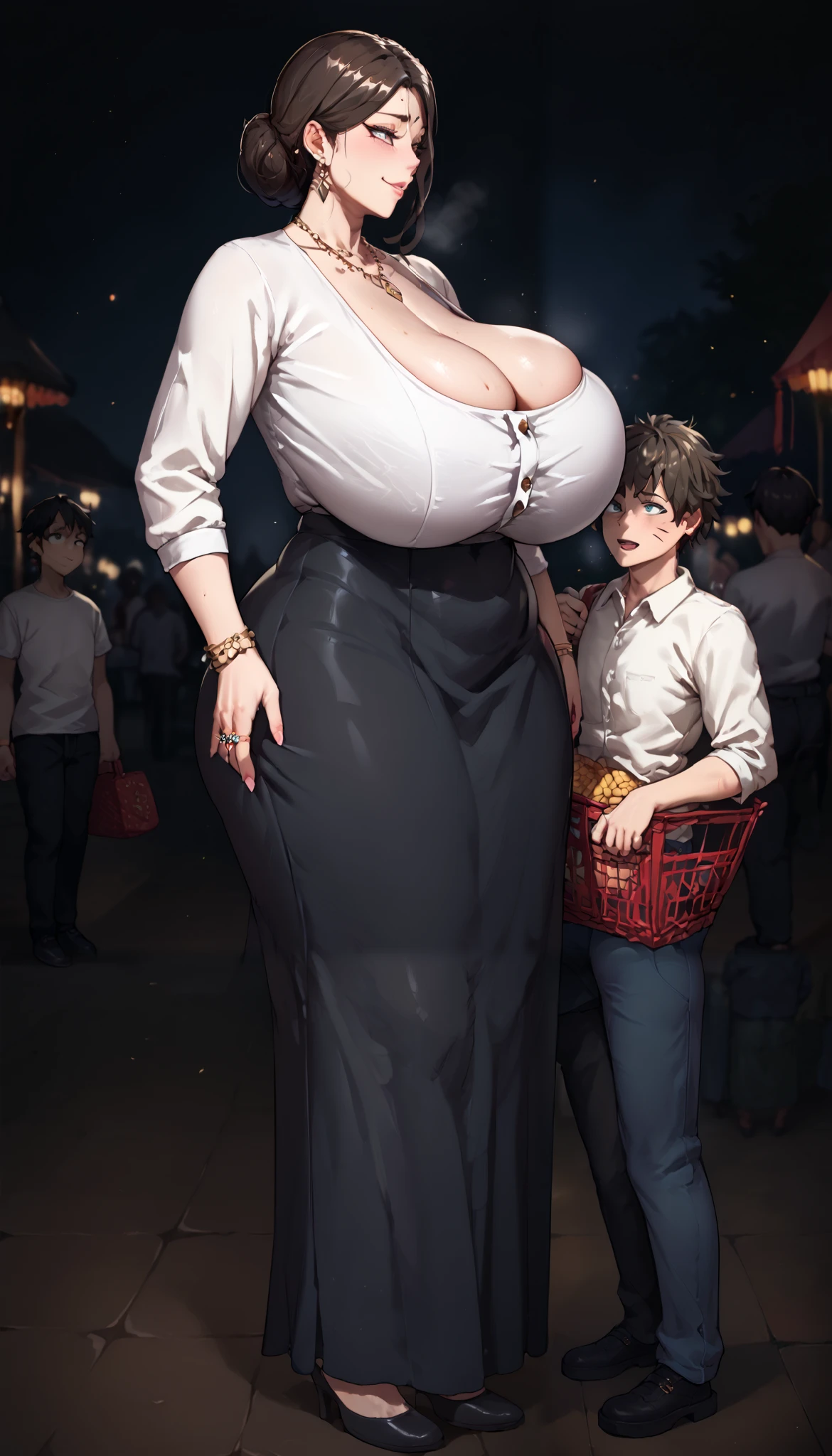   perfect lighting   ,   Clothing and accessories   , huge breasts,    wide hips ,   huge ass ,  sensual female ,  mature woman  ,  were lifted ,    plump body   、white tee, tight gray long dress , masterpiece,   top quality  , Village Festival ,  holding a 