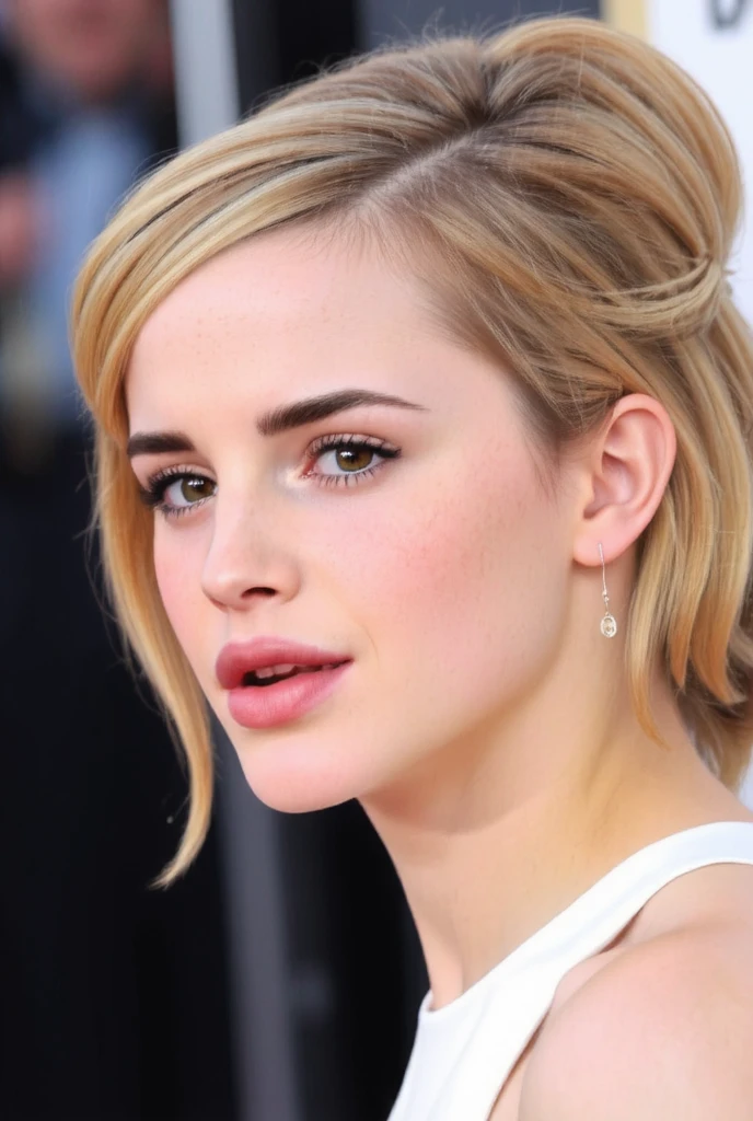  Image of a woman wearing a white dress and earrings,  portrait photo of Emma Watson , Emma Watson's face , huge blonde lips , thick lips, big mouth, pouts