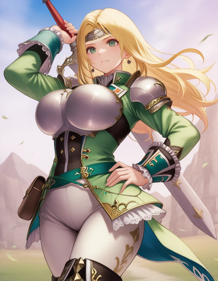 blonde hair,long hair,green eyes,liza (romancing saga 2),best quality,masterpiece,huge breasts,armor,,sword,armor