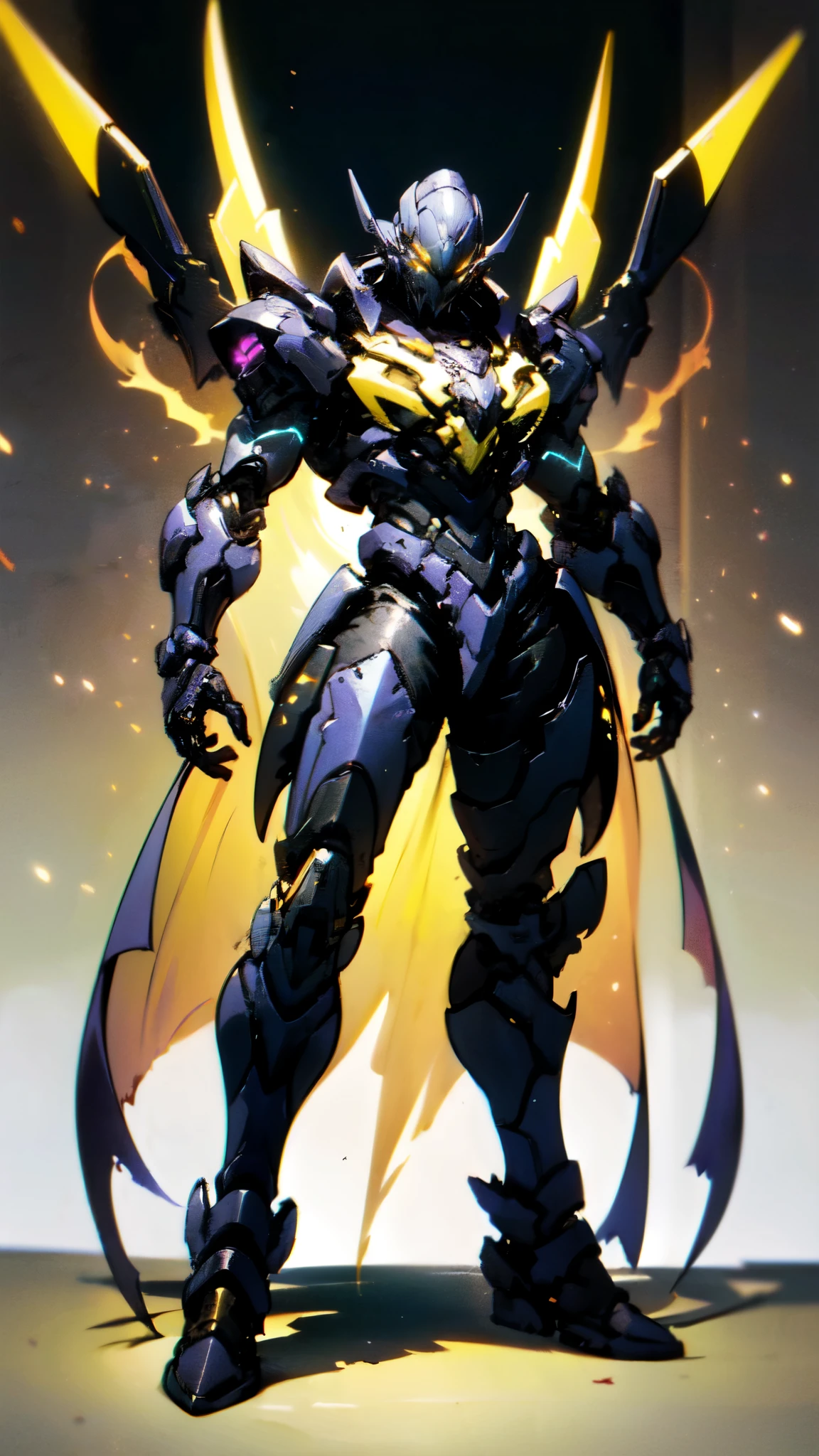 (masterpiece:1.5, best quality:1.5, extremely delicate:1.5), ((male:1.5)), a man wearing a full-face helmet, high-tech biomimetic armored combat suit, (a composite layered chest armor), the design balances heavy with agility, fully enclosed shoulder guards, matching arm and leg guards, a belt of gemstone, (the color scheme is primarily Yellow with Red and Purple accents, Organic Biotech, Concept Inspired by Vampire, glowing eyes, armor glows, huge cloak like devil wings, blood), stand of a futuristic sci-fi city, this character embodies a finely crafted fantasy-style armored hero in anime style, exquisite and mature art style, metallic, high definition, highres, ultra-detailed, ultra-fine painting, professional, perfect body proportions, golden ratio, anatomically correct, symmetrical face, extremely detailed eyes and face, high quality eyes, creativity, RAW photo, UHD, 32k, Natural light, cinematic lighting, (masterpiece-anatomy-perfect:1.2)