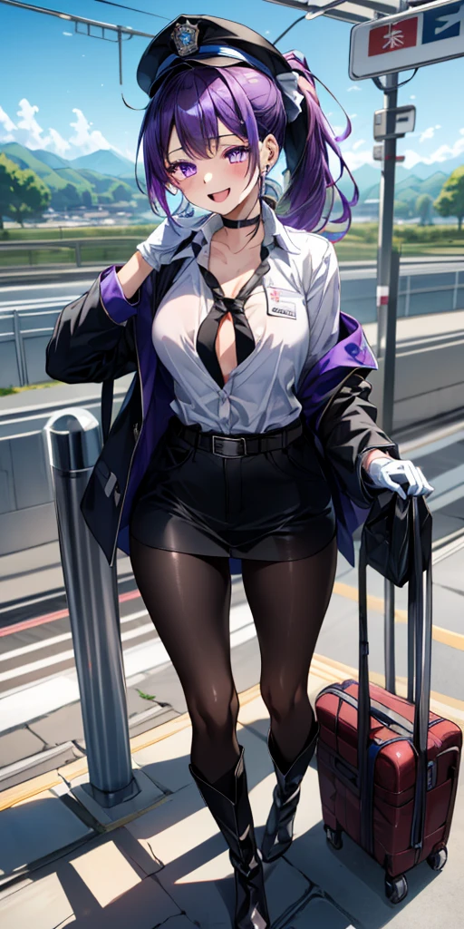 (                masterpiece    :1.3,   top quality,          super high resolution,          super detailed ),         beautiful illustration   ,  completion,         colorful        ,  、、、、Writing depth        , 
          Beautiful Detailed Sparkle       ,            Beautiful Detailed Faces          , beautiful detailed purple eyes,    Daytime    Japanese       station,   beautiful collarbone         ,         beautiful body,         Beautiful breasts   , Big Breasts,             beautiful thighs,         beautiful legs, Beautiful fingers        , 
        watches viewers, Front View:0.6,         1 girl,       Japanese      ,        perfect face, (          anatomically accurate    ),            I can see beautiful symmetrical faces and necks       ,  , , shiny skin, 
(        long hair:1.5,             ponytail:1.6,       Purple Hair ),          Women's asymmetrical bangs      , eye,   long eyelashes, (        white shirt with medium breasts on the chest  ), slender, 
((  鉄道station員  ,   flight attendants,crew hat ,The jacket is dark blue,I'm wearing a name tag on my left chest,I'm wearing a police hat, Long Sleeve   , Wearing a black tie, belt,  white gloves on both hands , Thigh-length boots ,     black pantyhose ,       sharp   , 
(        Beautiful Scenery        ),      Daytime, ( station ),      guiding passengers to the train ,Accentuate your legs ,     high heels (   Walker Behind      、       put your hands on your chest        ), (Happy smile,        open your mouth and get smaller       ), 