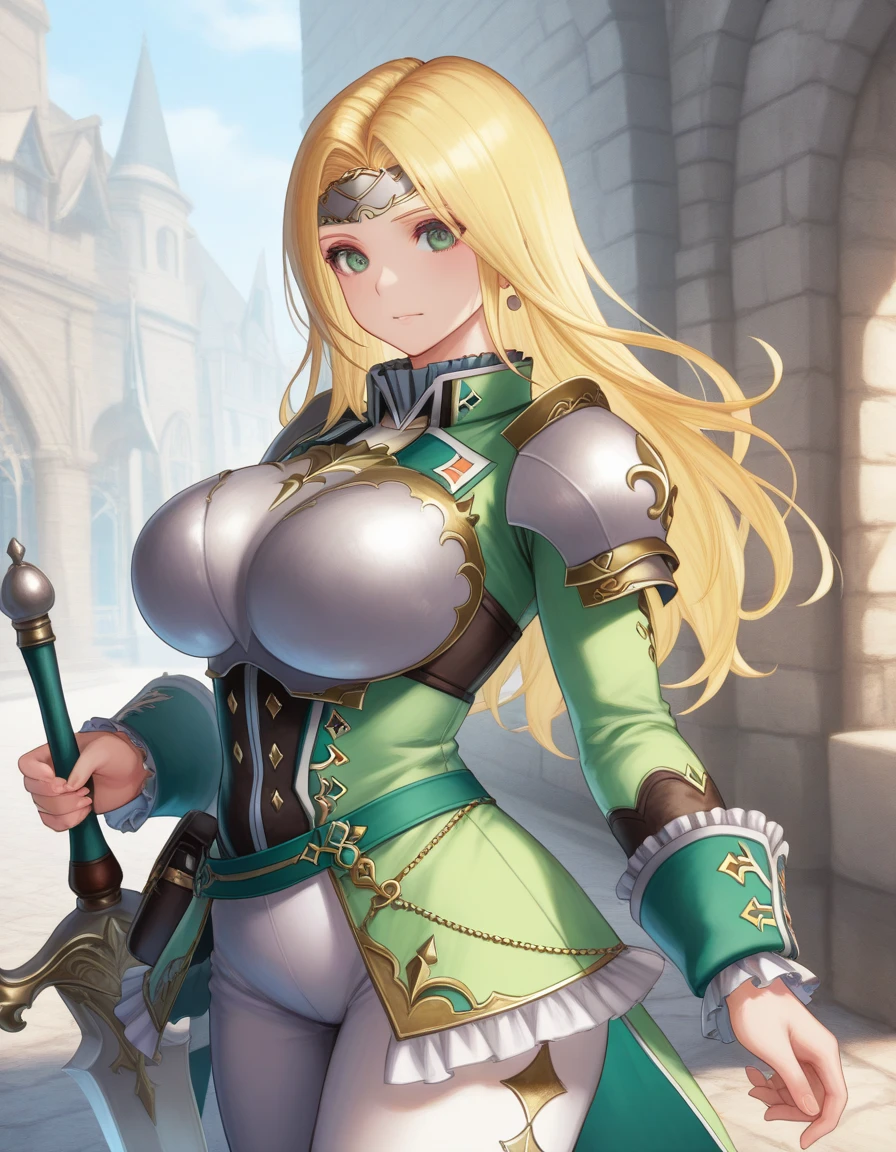 blonde hair,long hair,green eyes,liza (romancing saga 2),best quality,masterpiece,huge breasts,armor,,sword,armor