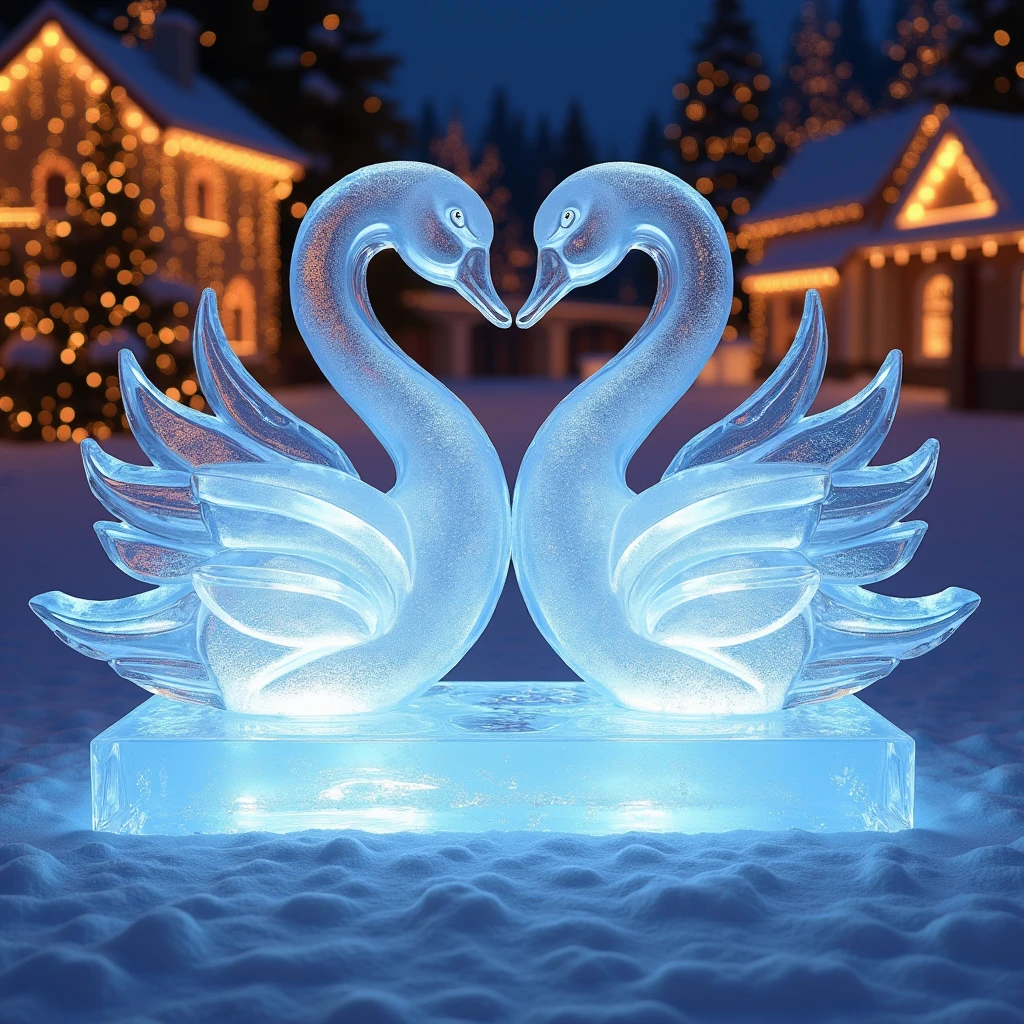  Sculpture made by the Ice Master ,  carved two swans beautifully shaped,  Decorated with New Year's garlands with beautiful ,  best quality , 8 k,  Complex details , bright colors, Maximum Quality, Christmas holiday in the background ,