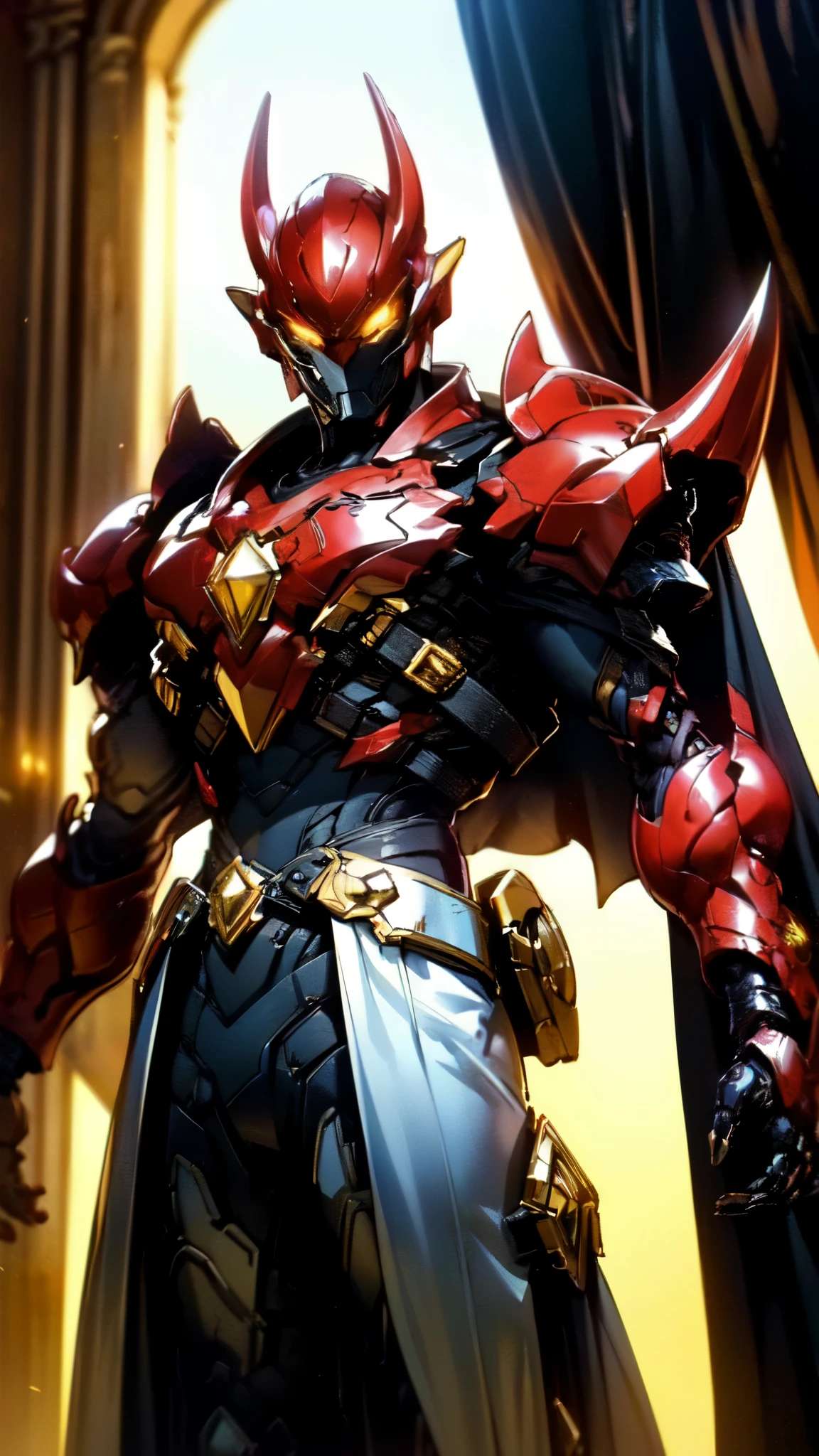 (masterpiece:1.5, best quality:1.5, extremely delicate:1.5), ((male:1.5)), a man wearing a full-face helmet, high-tech biomimetic armored combat suit, (a composite layered chest armor), the design balances heavy with agility, fully enclosed shoulder guards, matching arm and leg guards, a belt of gemstone, (the color scheme is primarily Yellow with Red and Purple accents, Organic Biotech, Concept Inspired by Vampire, glowing eyes, armor glows, huge cloak like devil wings, blood), stand of a futuristic sci-fi city, this character embodies a finely crafted fantasy-style armored hero in anime style, exquisite and mature art style, metallic, high definition, highres, ultra-detailed, ultra-fine painting, professional, perfect body proportions, golden ratio, anatomically correct, symmetrical face, extremely detailed eyes and face, high quality eyes, creativity, RAW photo, UHD, 32k, Natural light, cinematic lighting, (masterpiece-anatomy-perfect:1.2)