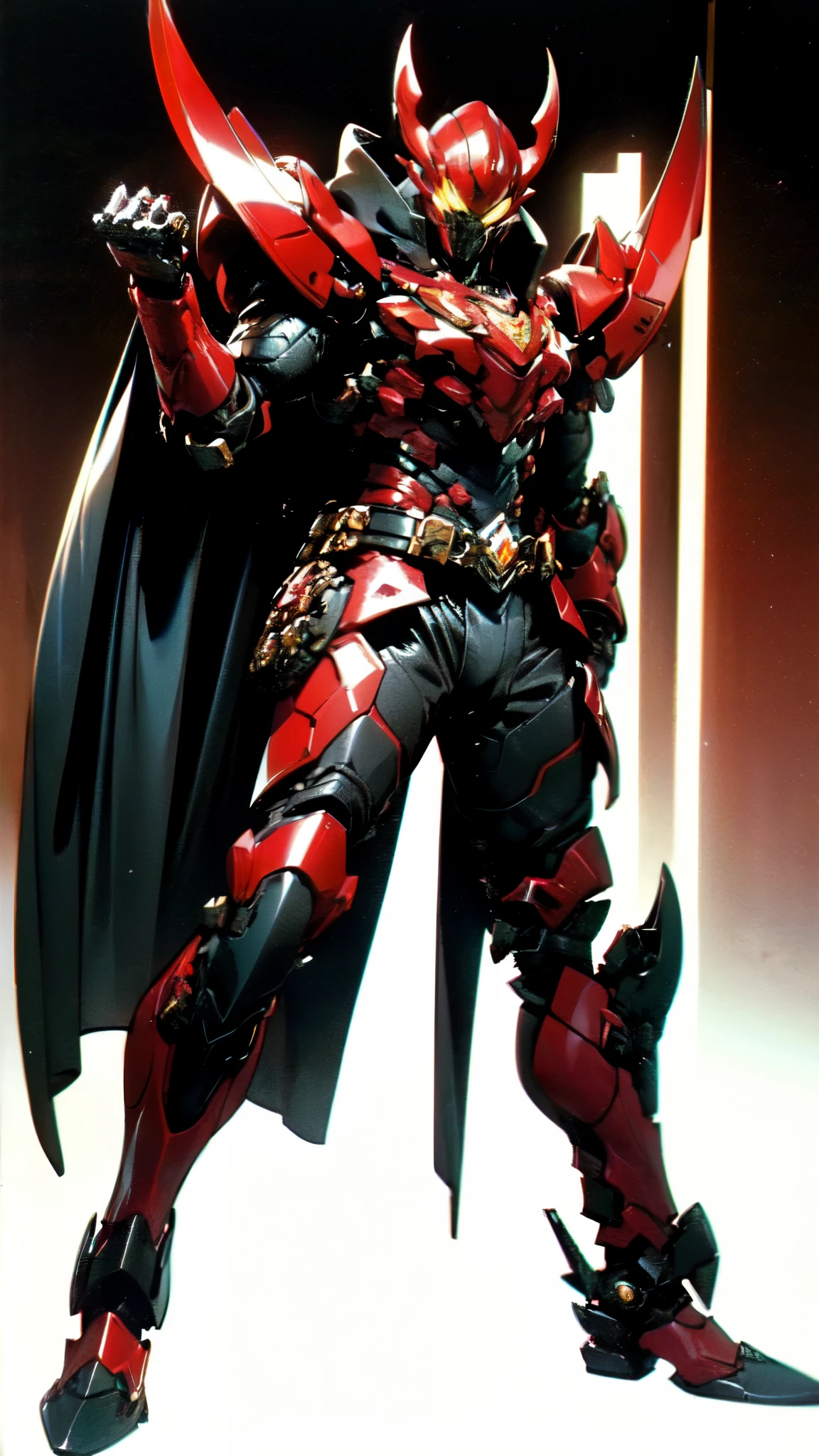 (masterpiece:1.5, best quality:1.5, extremely delicate:1.5), ((male:1.5)), a man wearing a full-face helmet, high-tech biomimetic armored combat suit, (a composite layered chest armor), the design balances heavy with agility, fully enclosed shoulder guards, matching arm and leg guards, a belt of gemstone, (the color scheme is primarily Yellow with Red and Purple accents, Organic Biotech, Concept Inspired by Vampire, glowing eyes, armor glows, huge cloak like devil wings, blood), stand of a futuristic sci-fi city, this character embodies a finely crafted fantasy-style armored hero in anime style, exquisite and mature art style, metallic, high definition, highres, ultra-detailed, ultra-fine painting, professional, perfect body proportions, golden ratio, anatomically correct, symmetrical face, extremely detailed eyes and face, high quality eyes, creativity, RAW photo, UHD, 32k, Natural light, cinematic lighting, (masterpiece-anatomy-perfect:1.2)