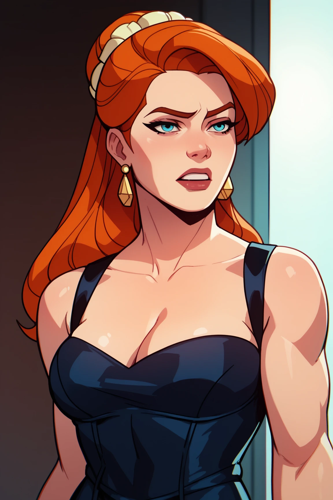 score_9, score_8_up, score_7_up, score_6_up, score_5_up, score_4_up, BREAK, 1girl, Jean, orange hair, blue eyes, Gorgeous and sultry busty athletic (thin) brunette with sharp facial features wearing a dark blue off-shoulder sleeveless dress, updo