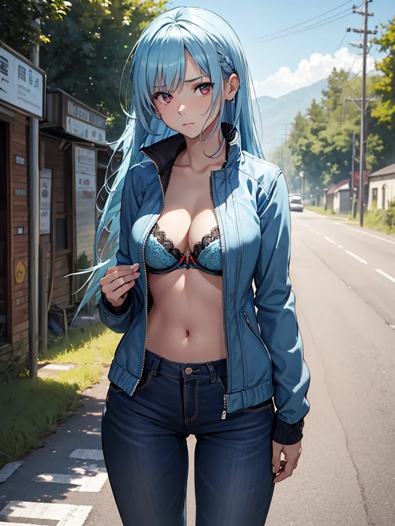 (​masterpiece、top-quality、hight resolution、Unity 8k、extremely details CG:1,Best Picture), 1girl, "a woman in an adult film shoot",((Light blue hair)), red eyes, A reserved and bashful woman standing on the side of a deserted countryside road, nervously hitchhiking. She is wearing a jacket over her casual outfit, but with great hesitation, she is slowly opening her jacket to reveal her bra. Her face is red with embarrassment, and her eyes dart around nervously, avoiding direct eye contact. Her posture is stiff and awkward, with one hand gripping the edge of her jacket and the other holding a small cardboard sign reading "Ride needed, please!" The rural setting with a bright sky and a lonely road emphasizes her timid and genuine struggle to attract help.