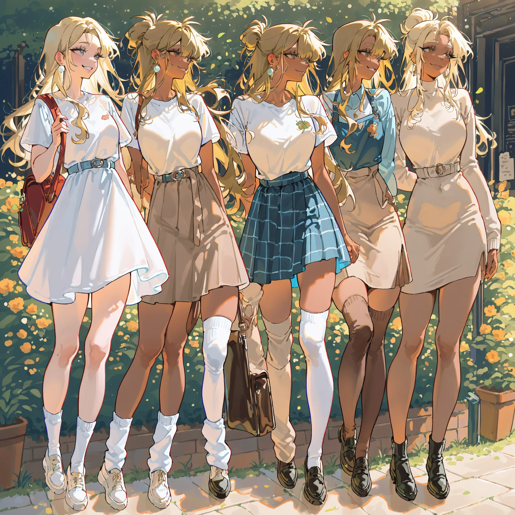 Masterpiece, high quality, high resolution, 16K, Makoto Shinkai illustration, background detail, young woman, flashy blonde, long hair, earrings, gal, tan dark skin, long eyelashes, pretty eyes, smile, thigh-high socks, shoulder-baring dress, skirt, full body, looking away, 