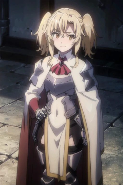 GoblinSlayer, NobleFencer, solo, girl1, looking at viewer, smile, long sleeves, brown eyes, cape, armor, shoulder armor, portrait, red ascot, standing