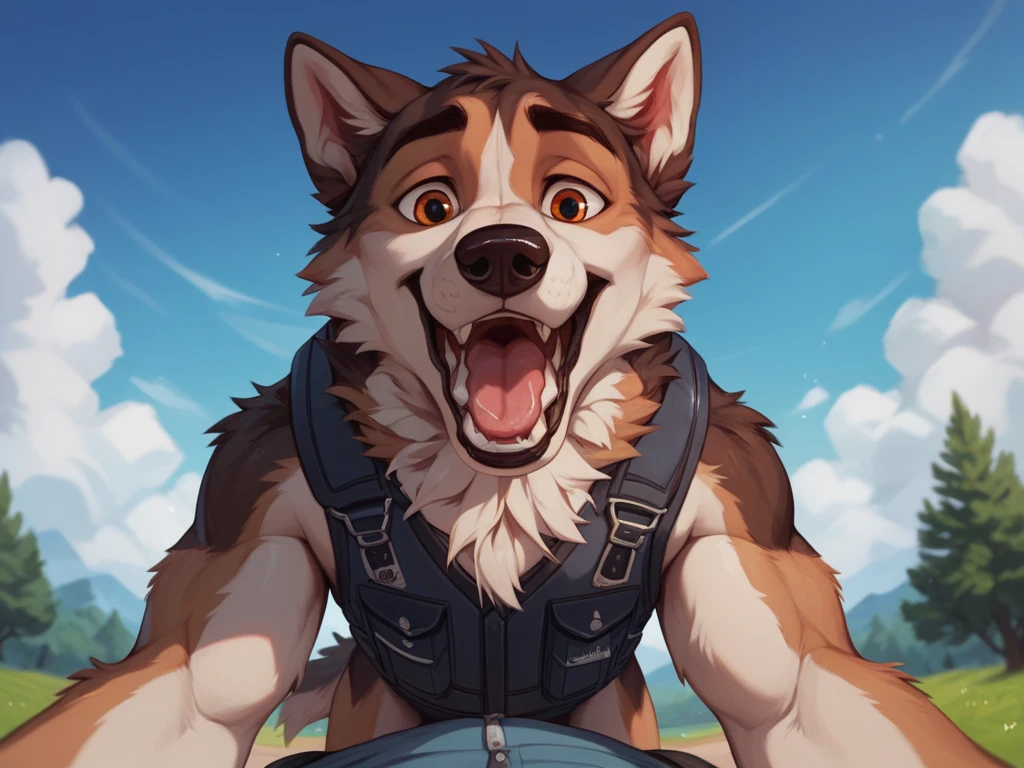 score_9, score_8_up, score_7_up, score_6_up, wolf, open mouth, outdoors, sky, day, blue sky, no humans, dog, animal focus, animalization, 1boy, wolf, animal, body fur, doggystyle pov, wearing a bulletproof dog vest 